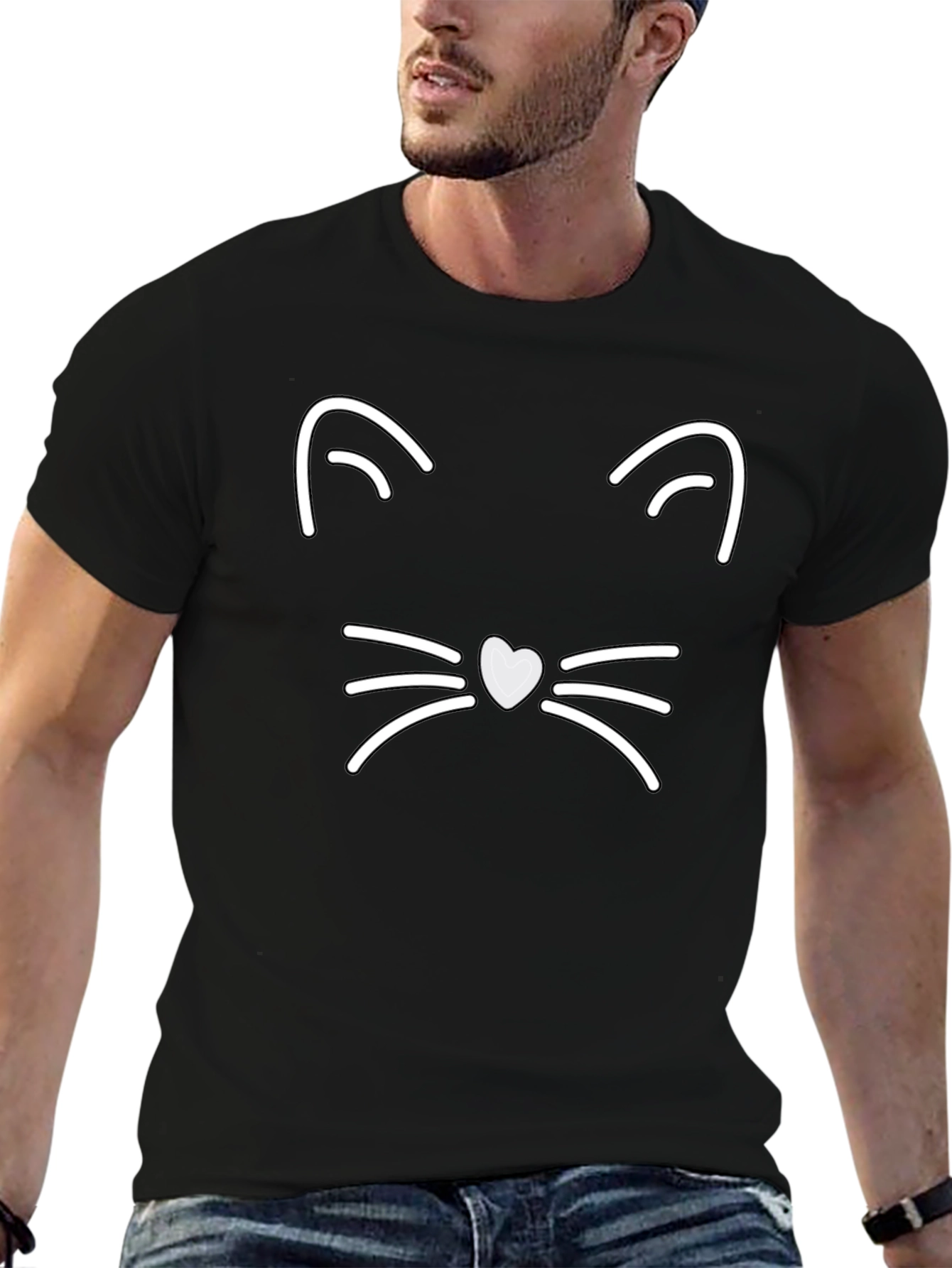 Cute Cat Face Graphic Tee - Black Cotton T-Shirt