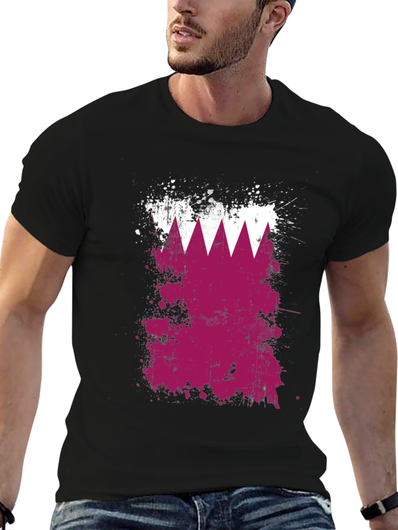 Qatar Flag Splatter T-Shirt - Black