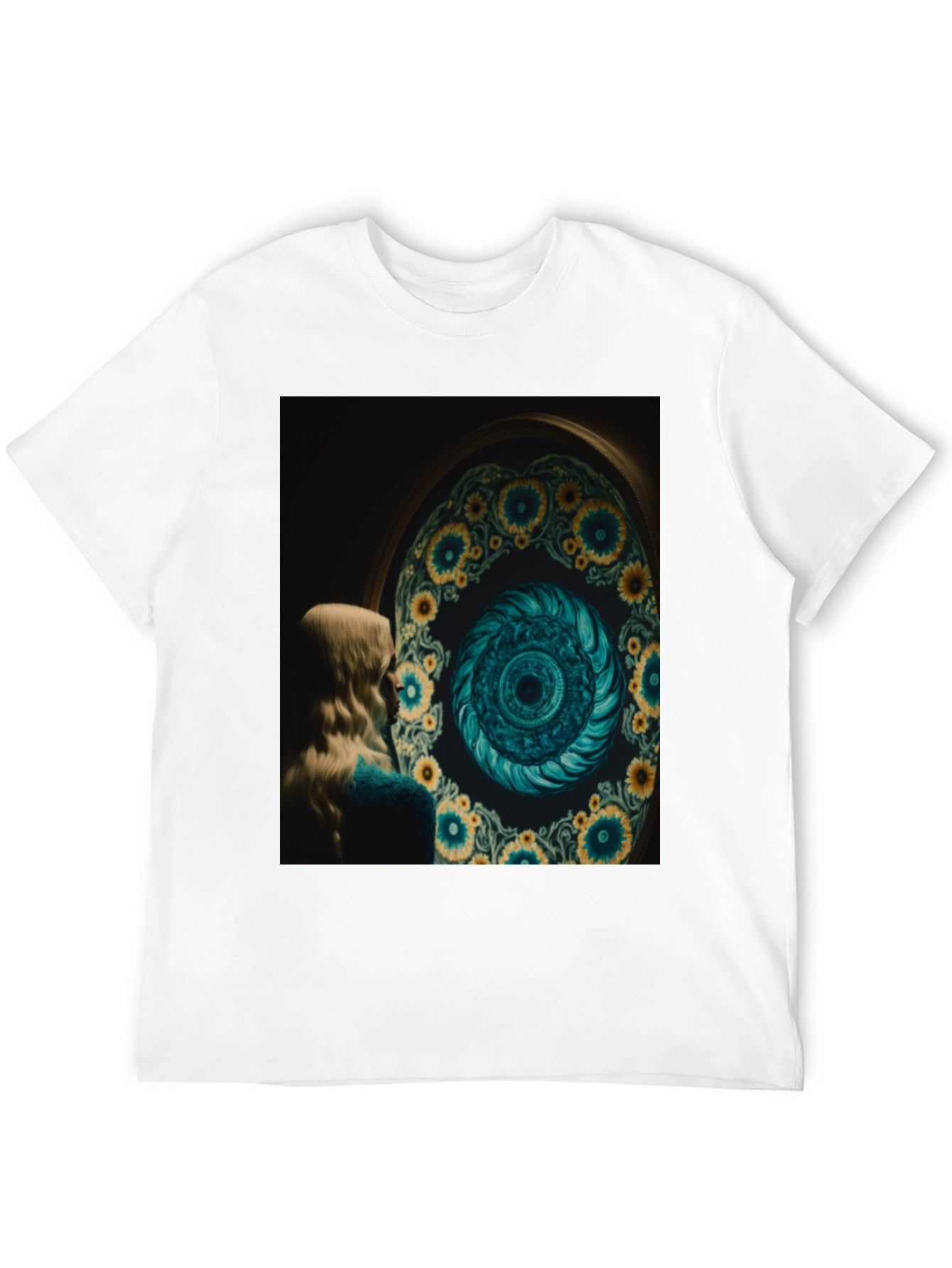 Artistic Graphic Tee: Sunflower Spiral Portal Design
