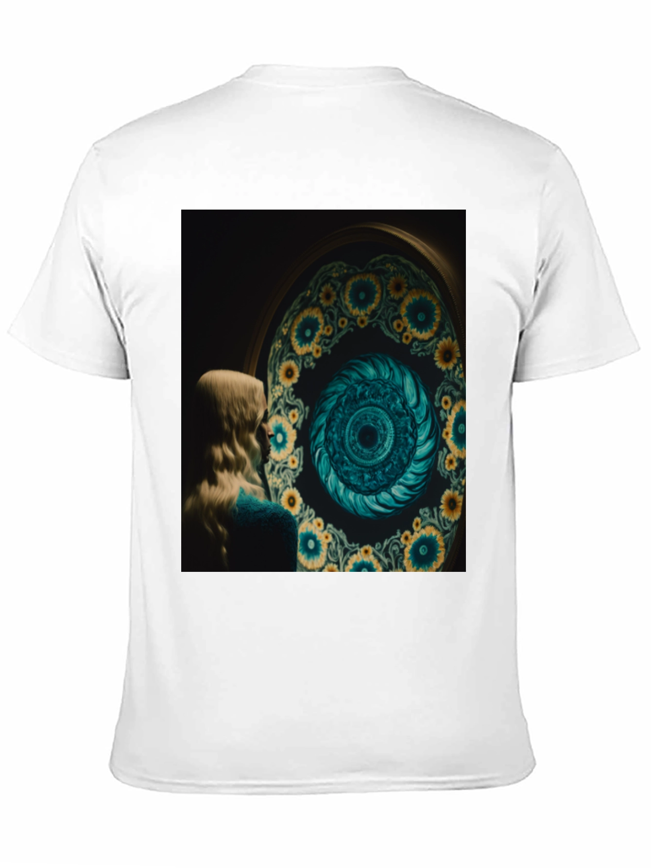 Artistic Graphic Tee: Sunflower Spiral Portal Design