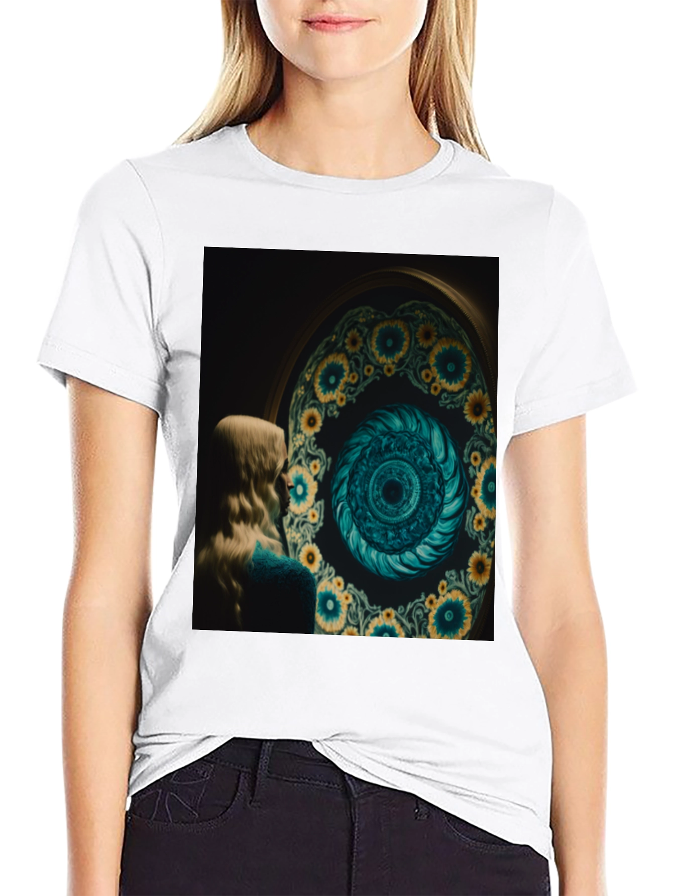 Artistic Graphic Tee: Sunflower Spiral Portal Design