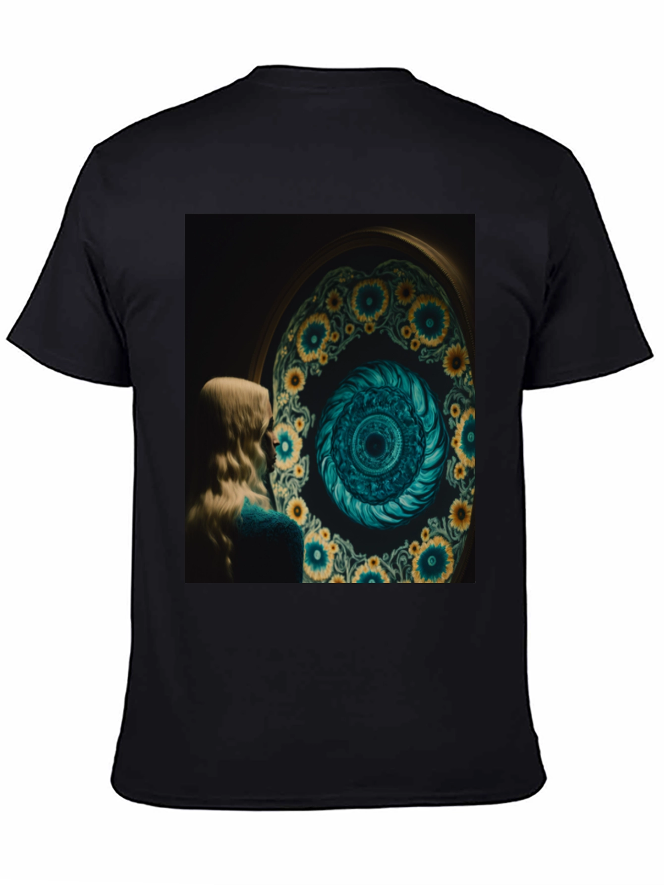 Artistic Graphic Tee: Sunflower Spiral Portal Design