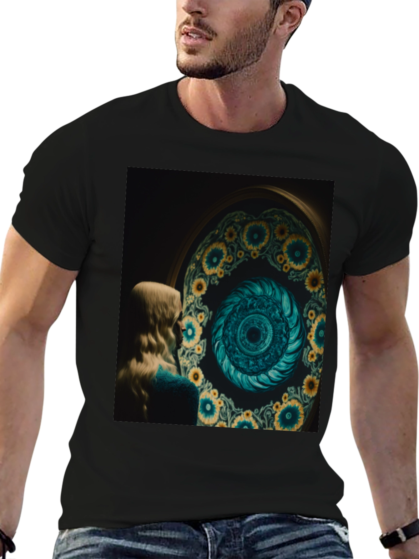 Artistic Graphic Tee: Sunflower Spiral Portal Design
