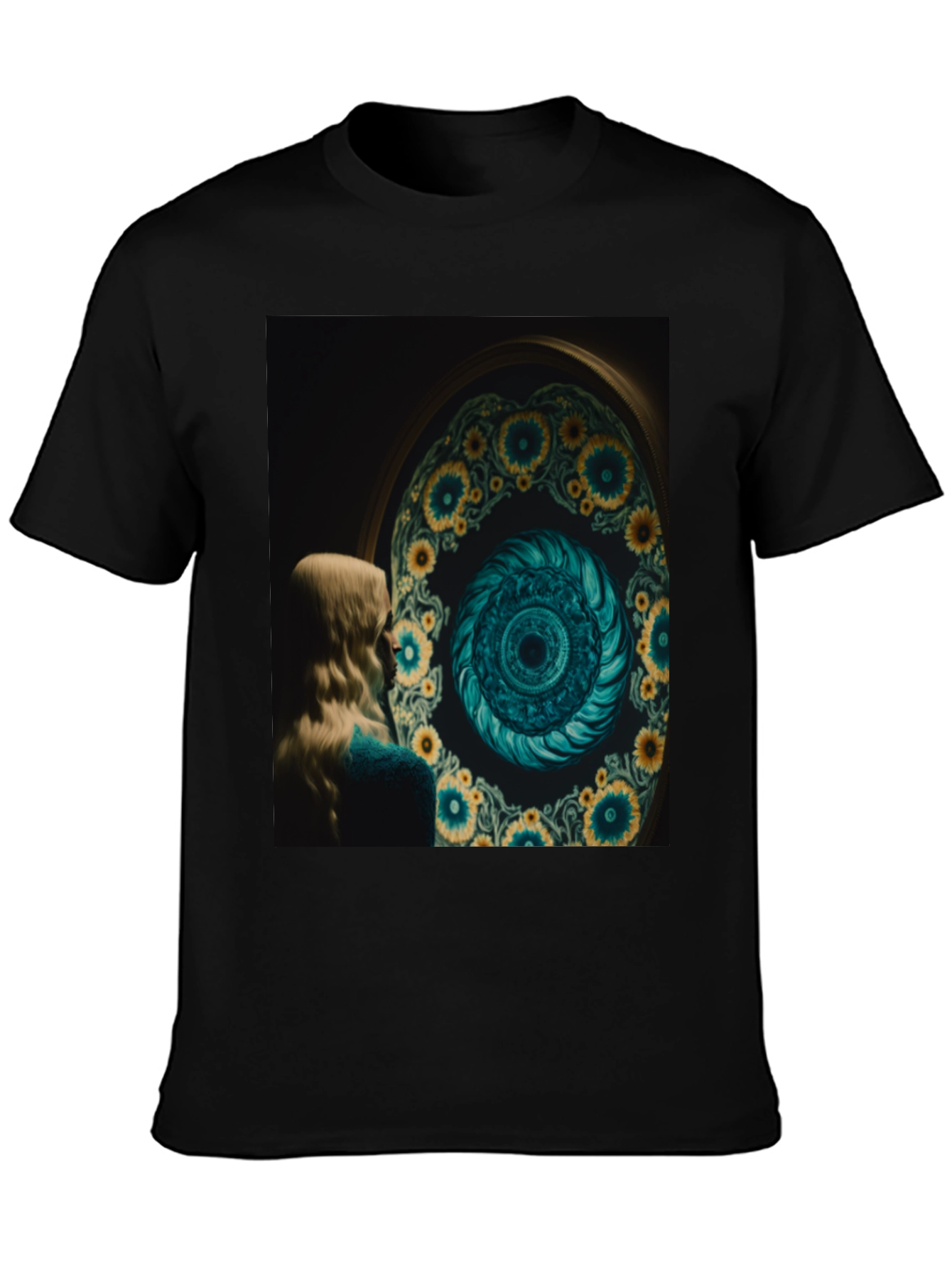 Artistic Graphic Tee: Sunflower Spiral Portal Design