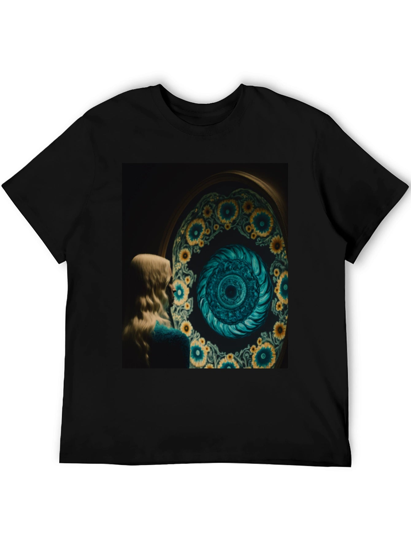 Artistic Graphic Tee: Sunflower Spiral Portal Design