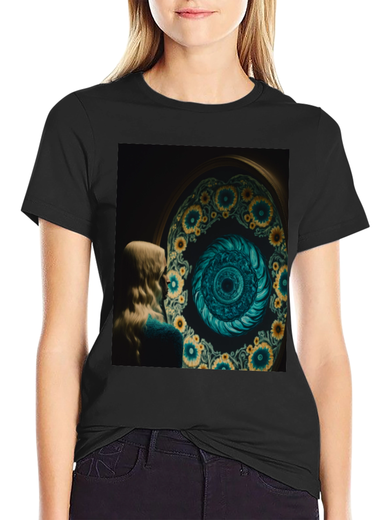 Artistic Graphic Tee: Sunflower Spiral Portal Design