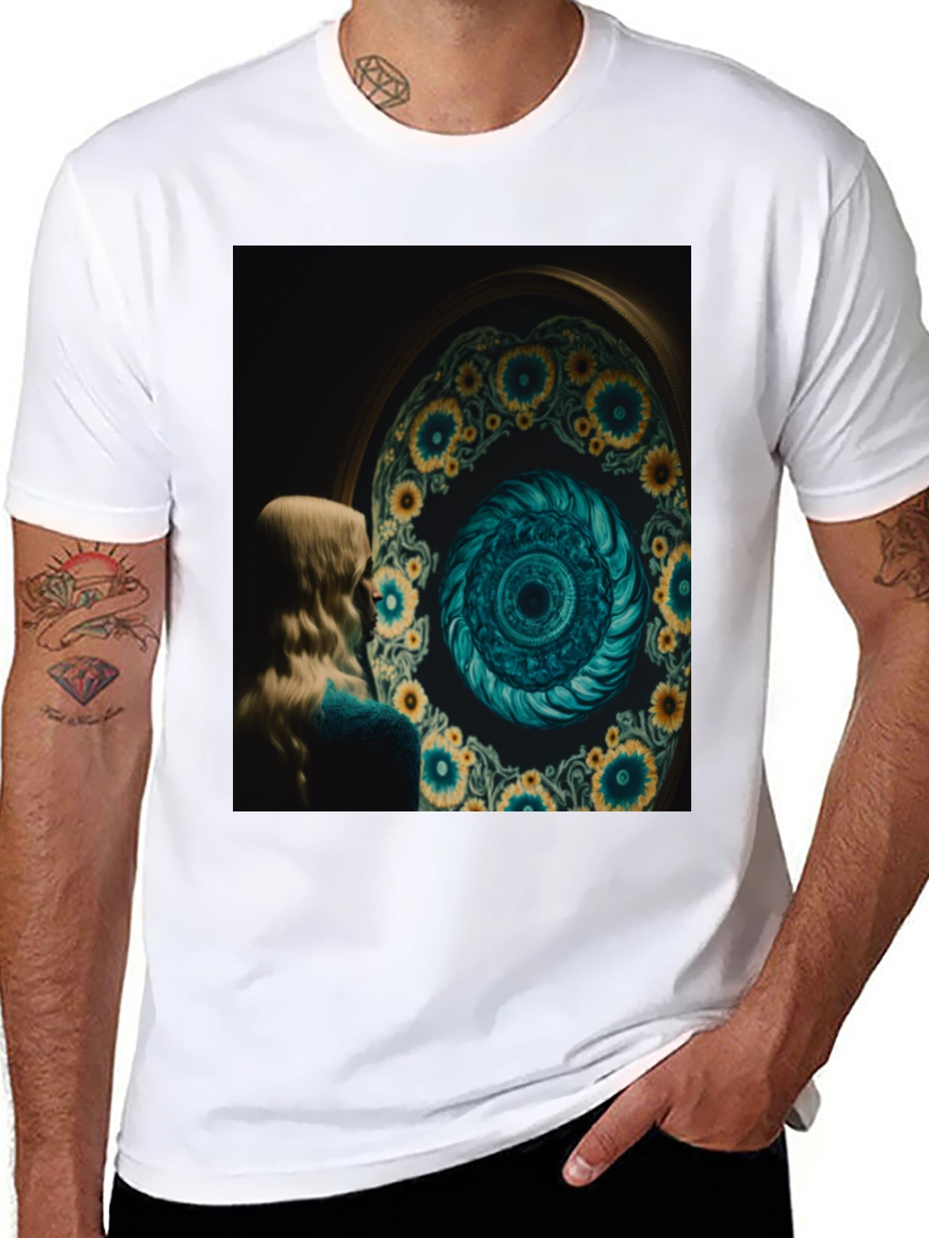 Artistic Graphic Tee: Sunflower Spiral Portal Design