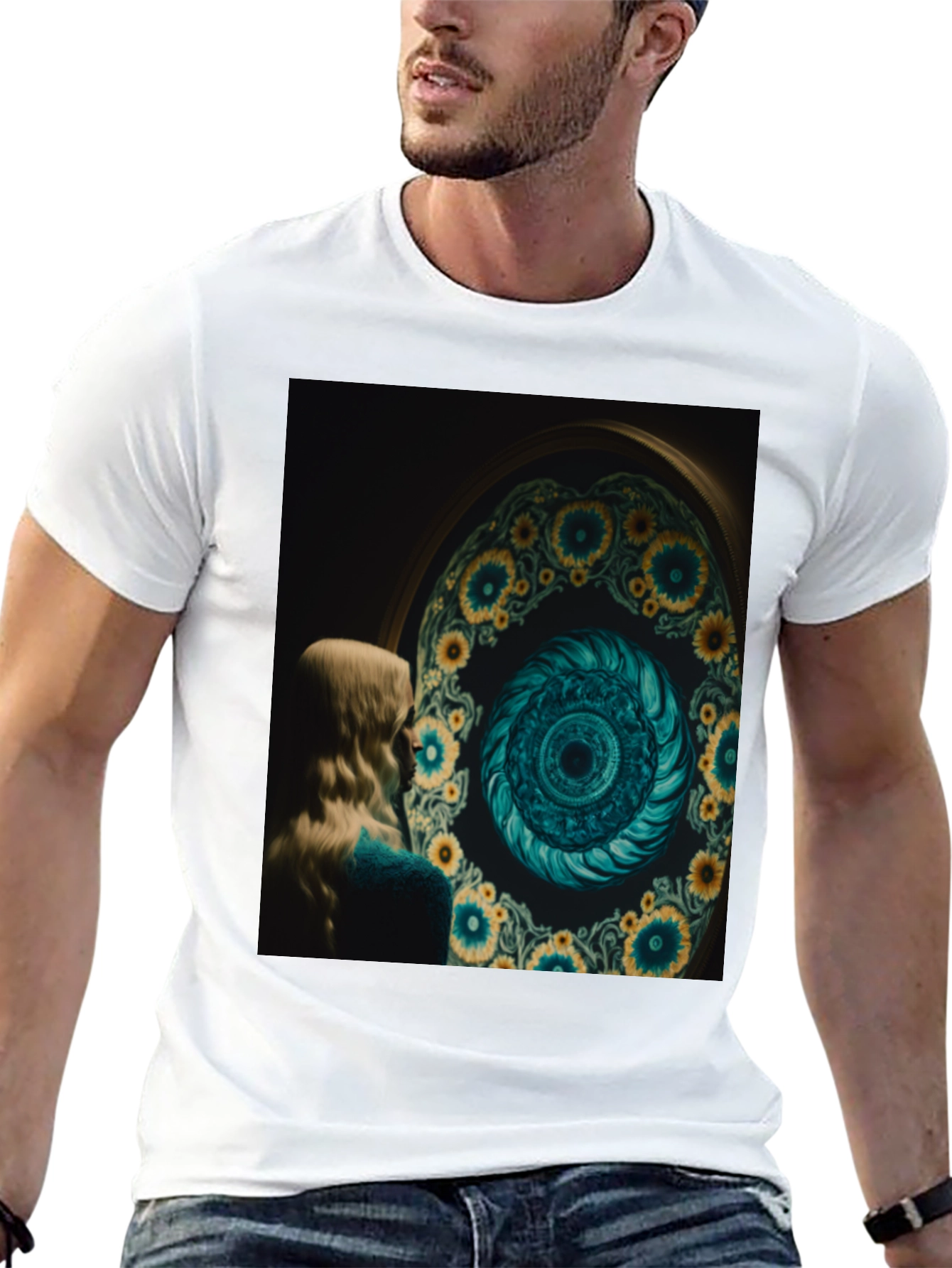 Artistic Graphic Tee: Sunflower Spiral Portal Design