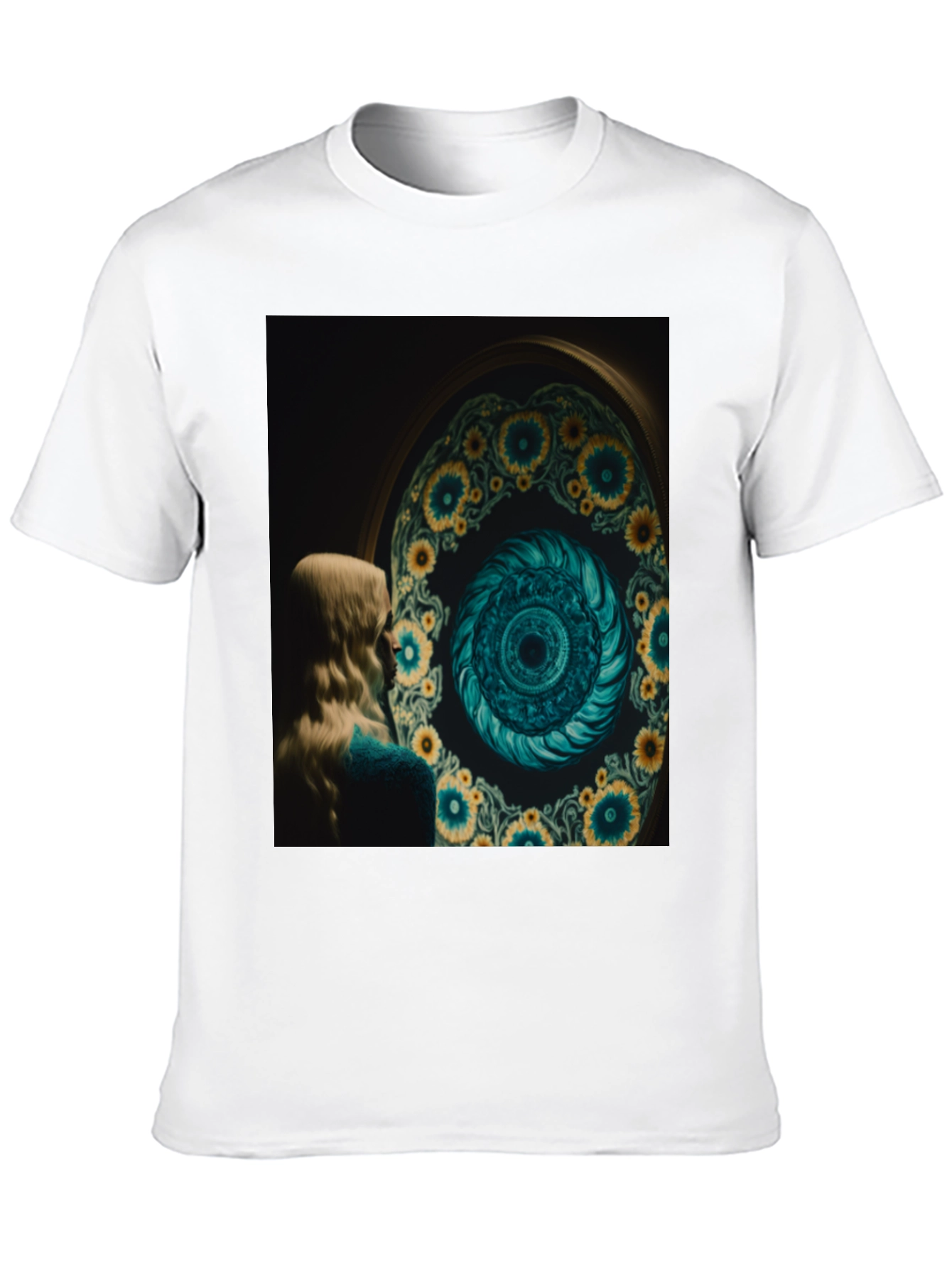 Artistic Graphic Tee: Sunflower Spiral Portal Design