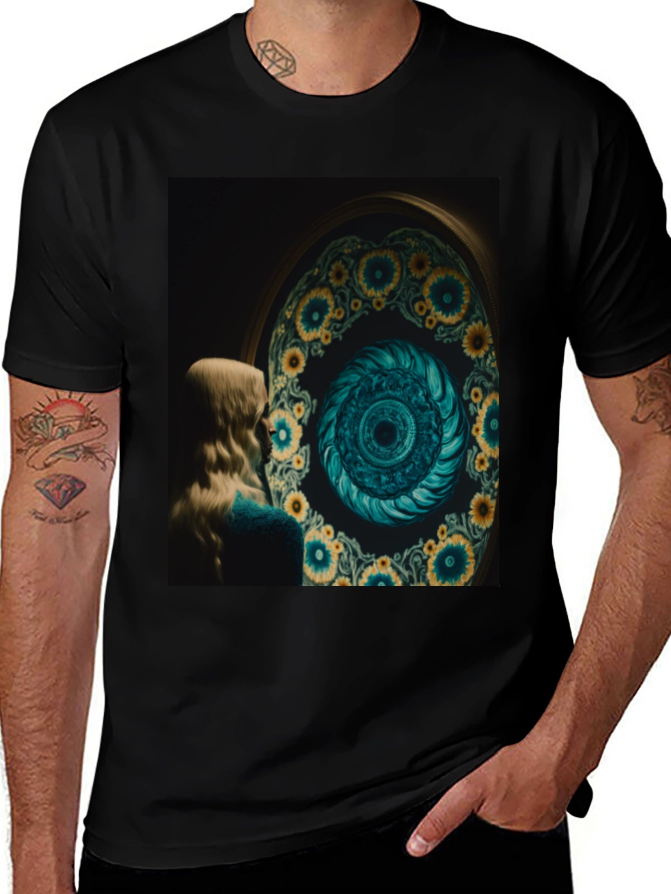 Artistic Graphic Tee: Sunflower Spiral Portal Design