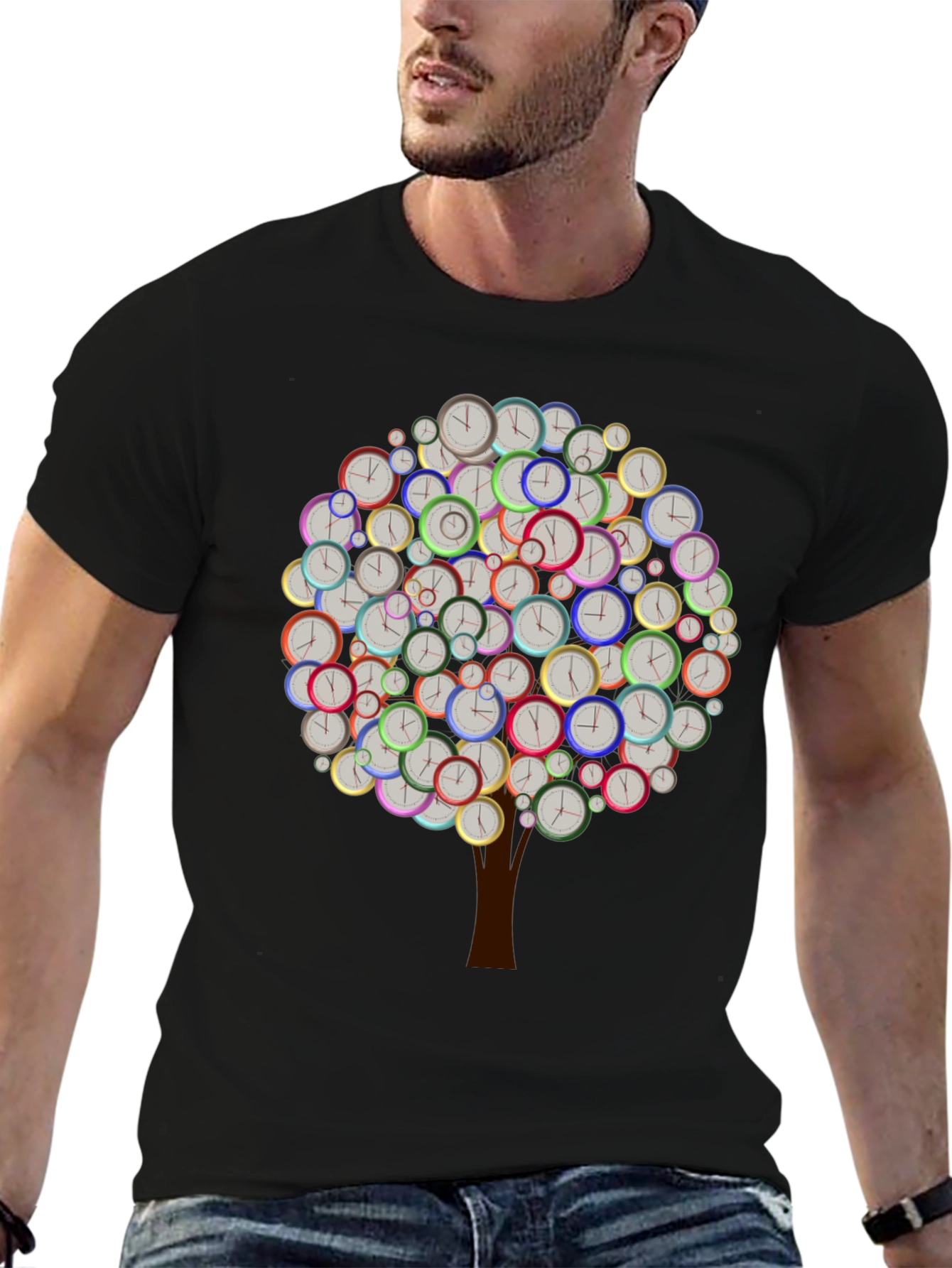 Time Tree Black Graphic Tee - Unique Clock Design