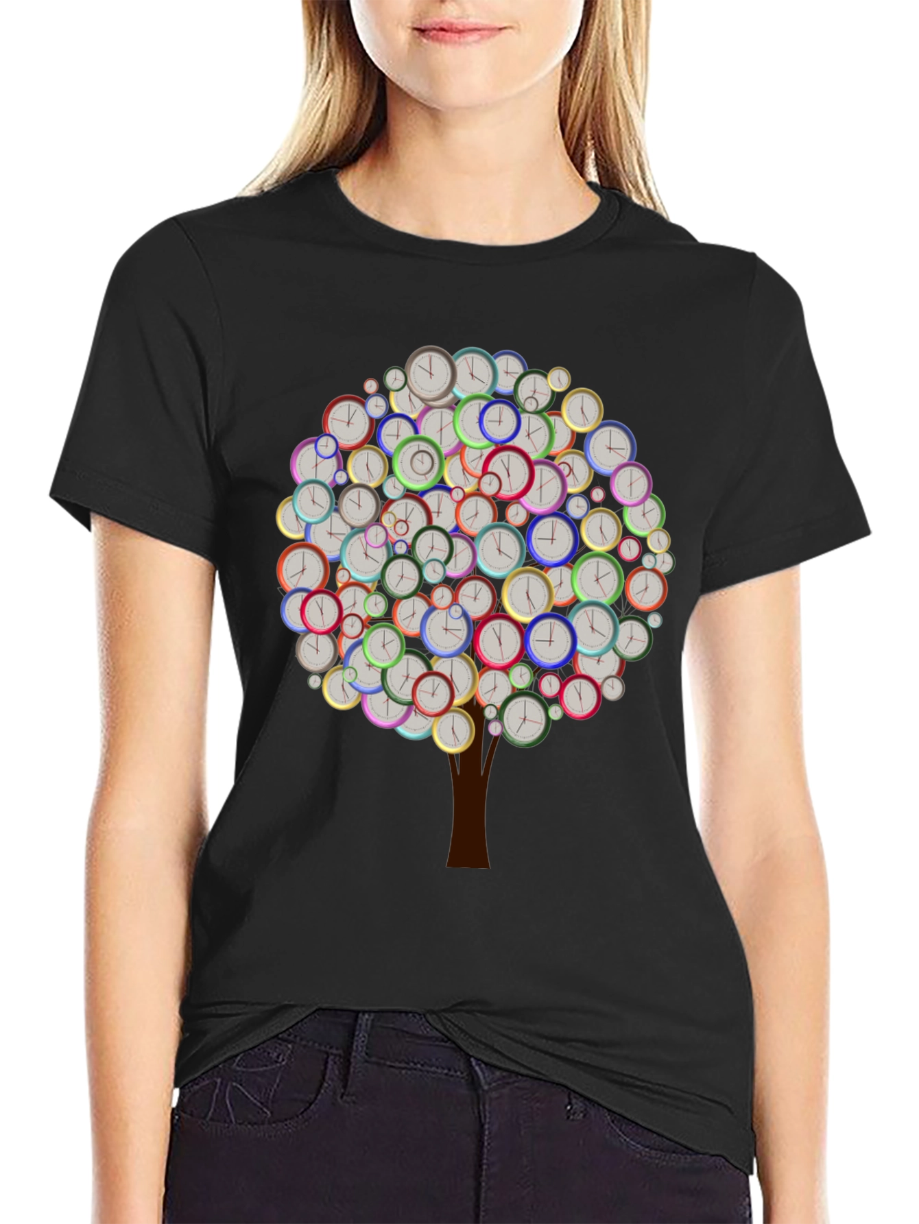 Time Tree Black Graphic Tee - Unique Clock Design