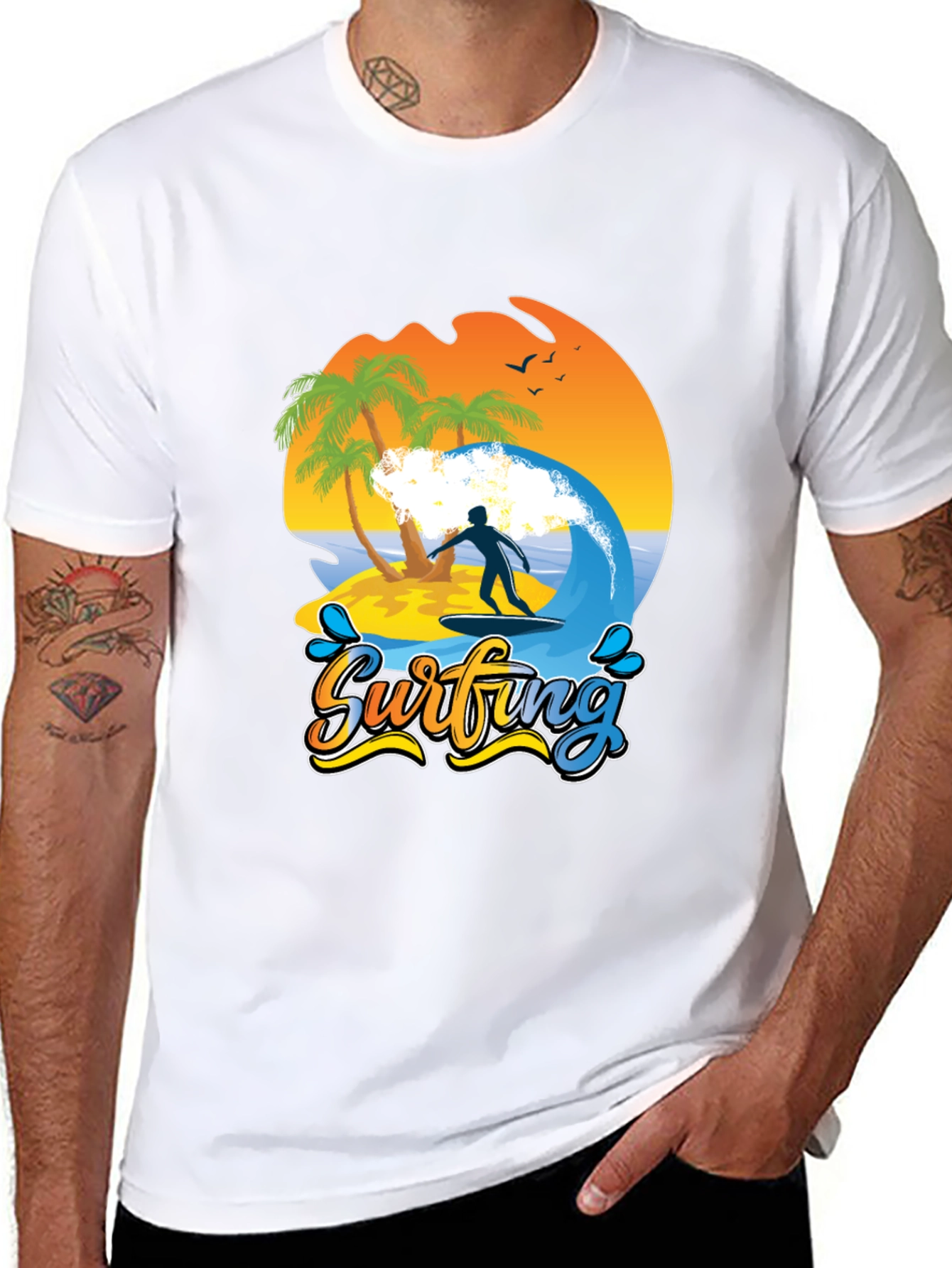 Surfing Beach T-Shirt Palm Trees Wave Rider Tee