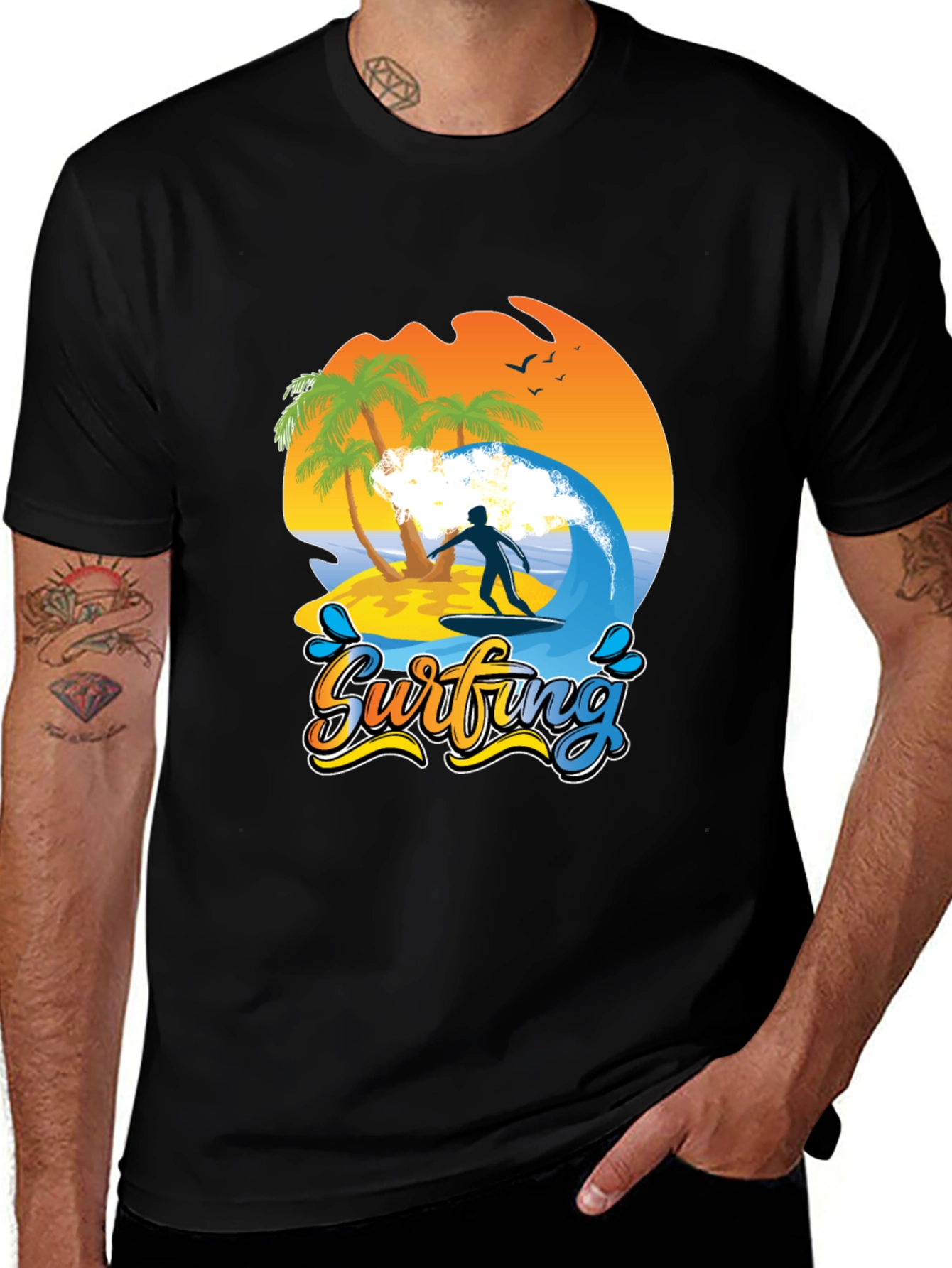 Surfing Beach T-Shirt Palm Trees Wave Rider Tee