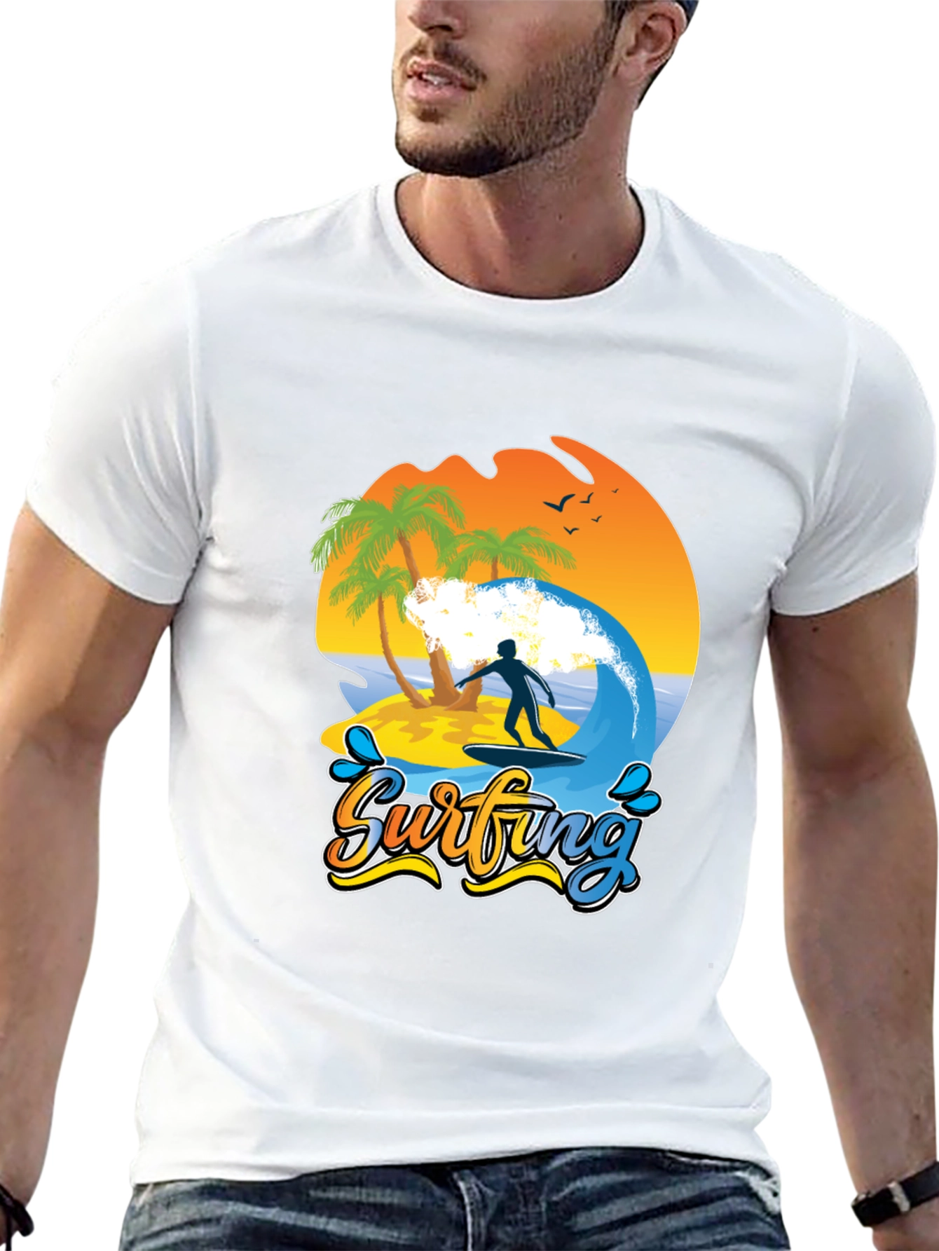 Surfing Beach T-Shirt Palm Trees Wave Rider Tee