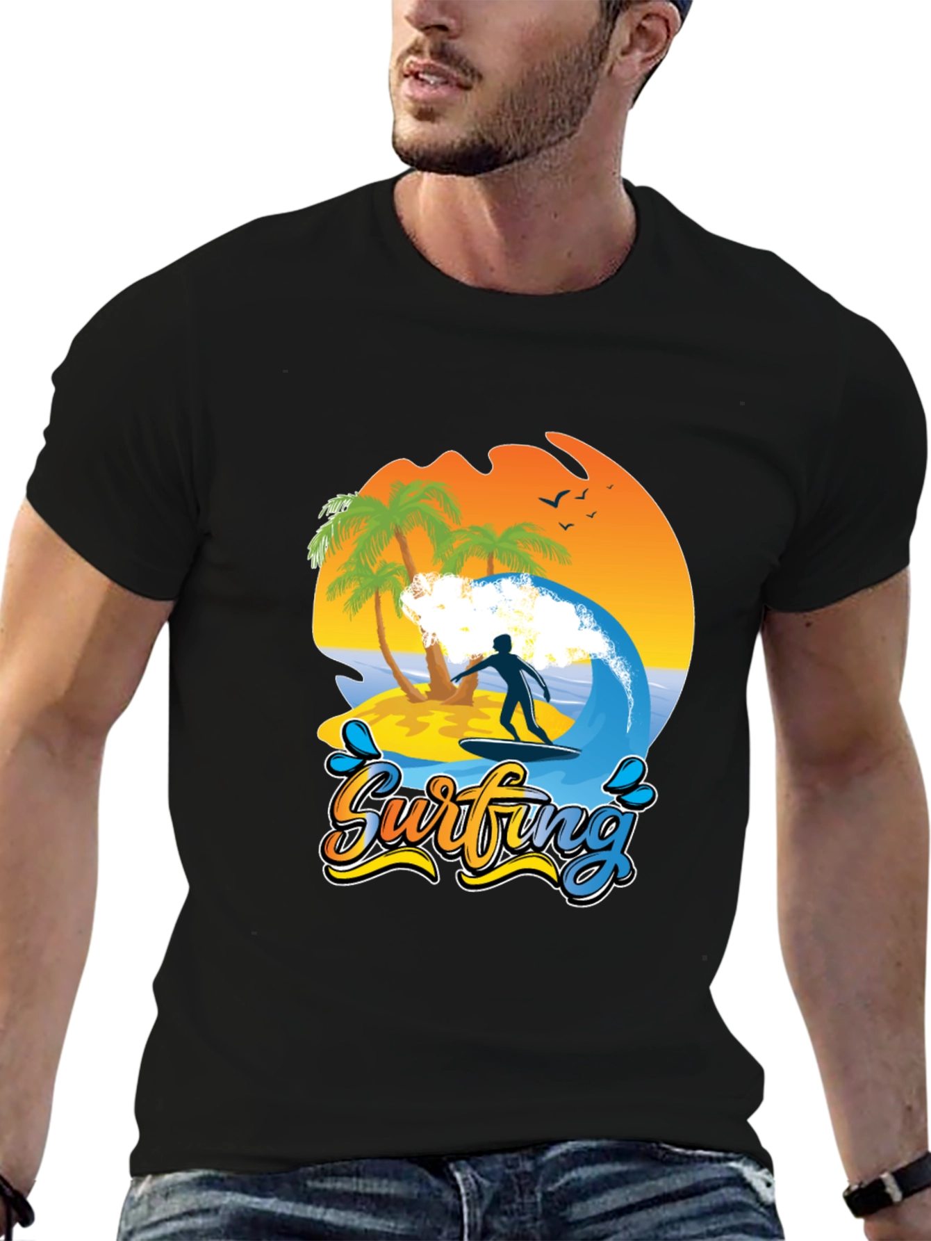 Surfing Beach T-Shirt Palm Trees Wave Rider Tee