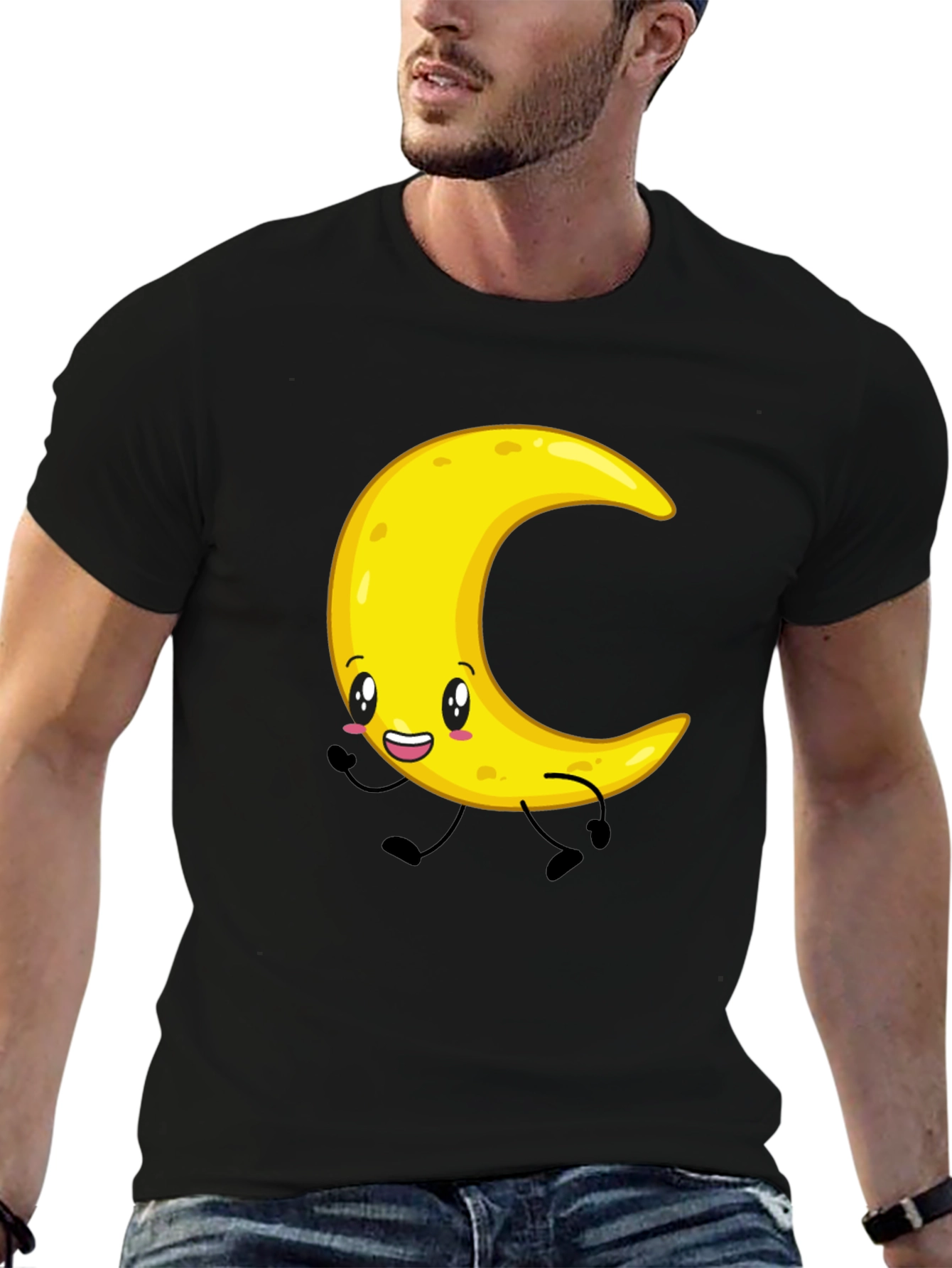 Crescent Moon Cartoon Graphic Tee - Black