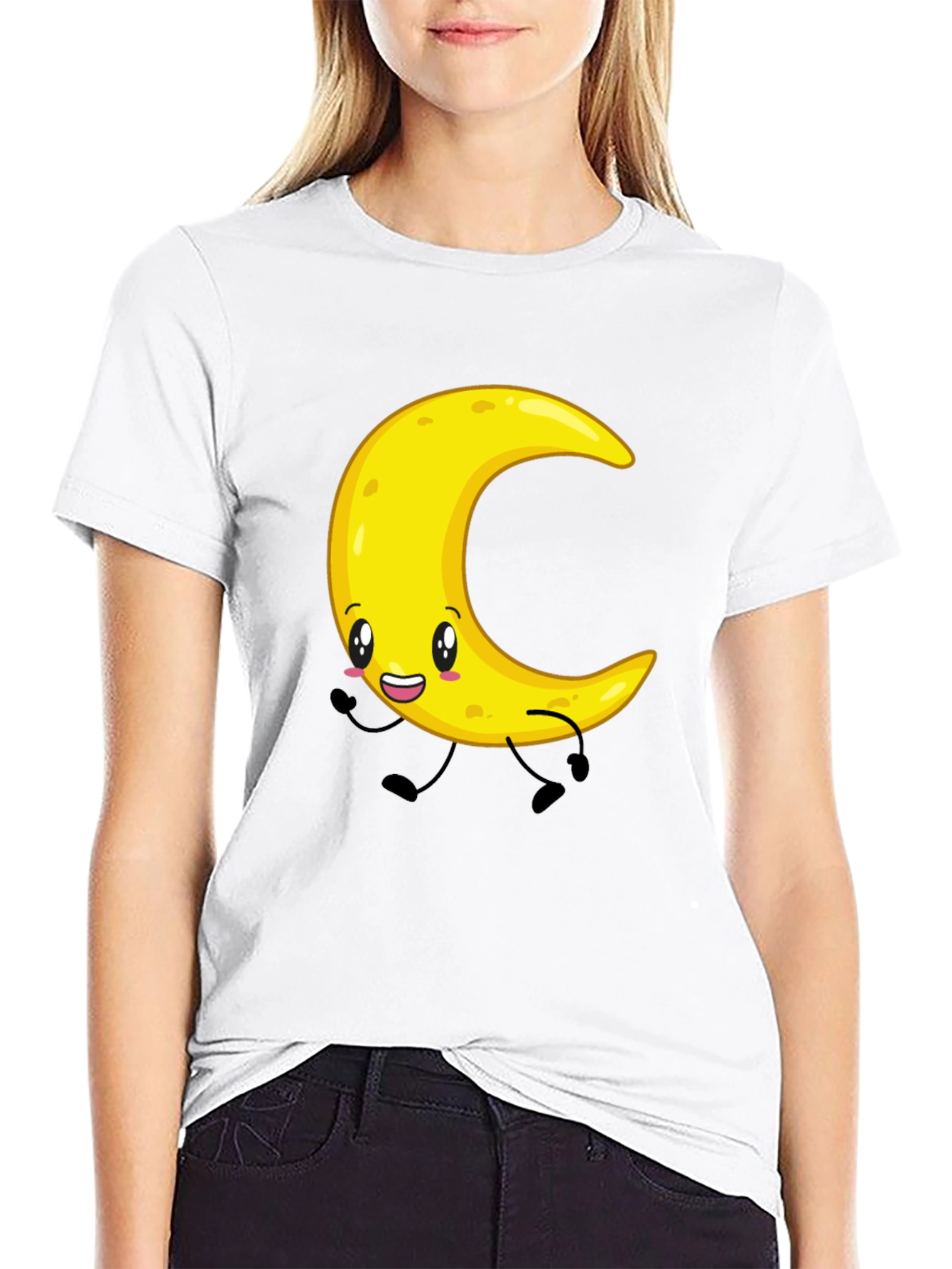Crescent Moon Cartoon Graphic Tee - Black
