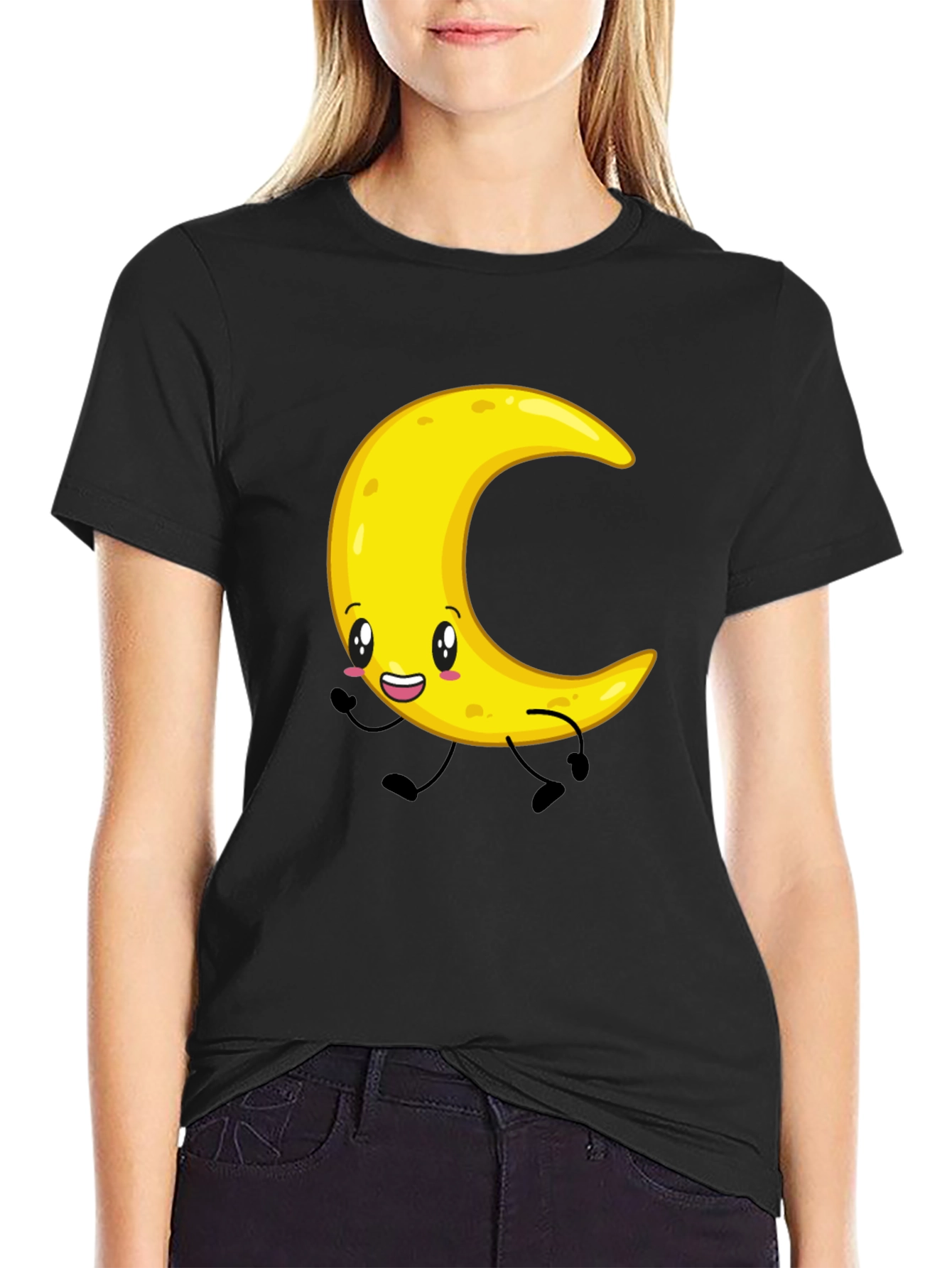 Crescent Moon Cartoon Graphic Tee - Black