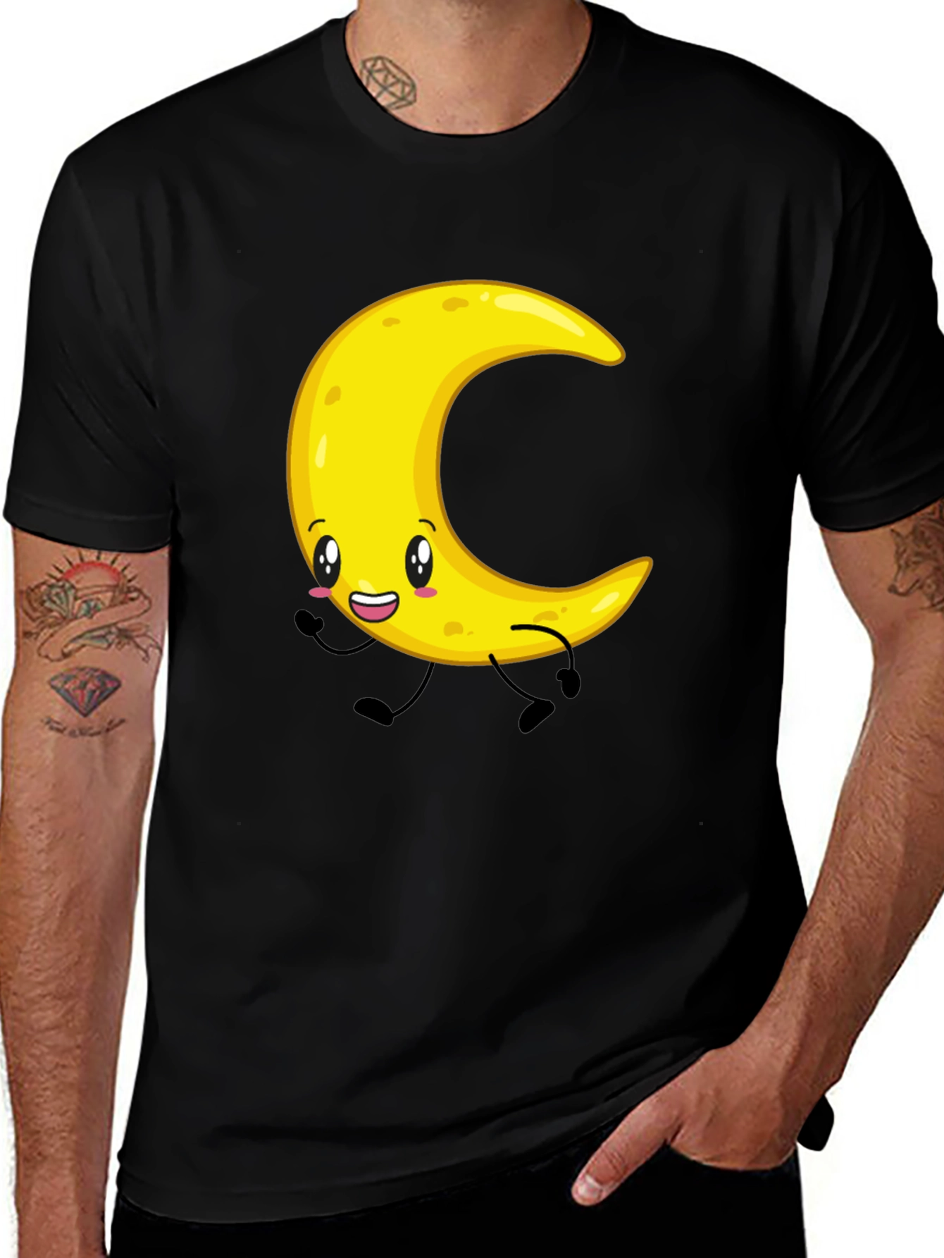 Crescent Moon Cartoon Graphic Tee - Black