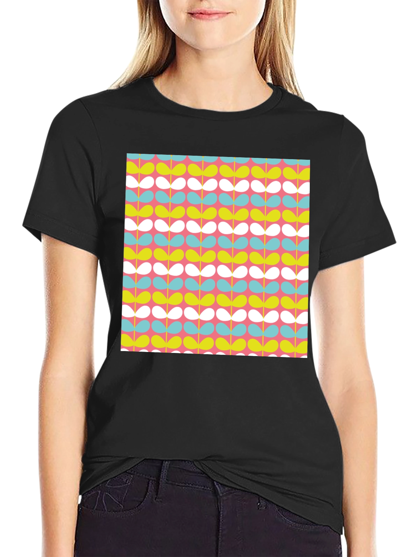 Retro Floral Pattern Black T-Shirt