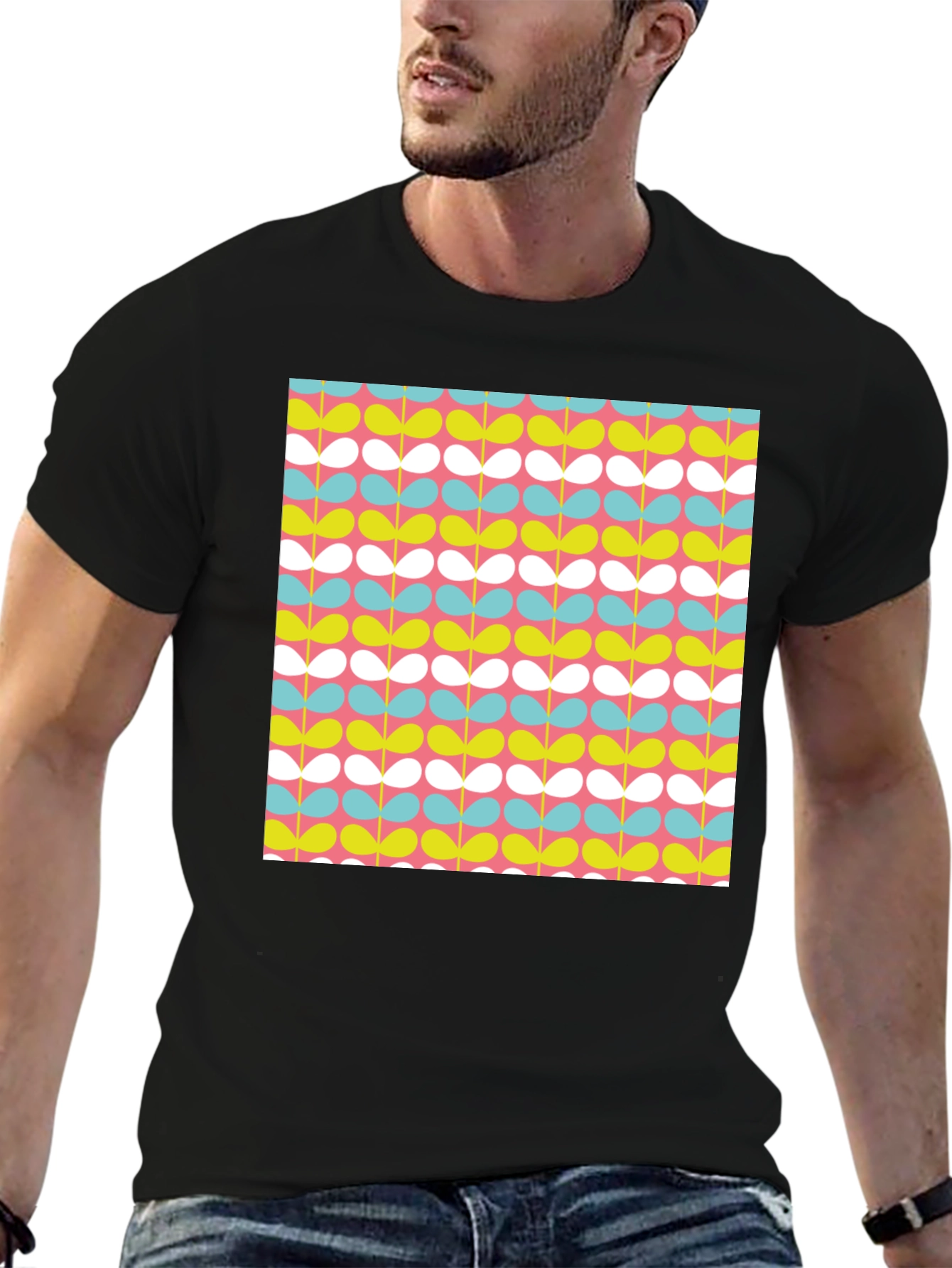 Retro Floral Pattern Black T-Shirt