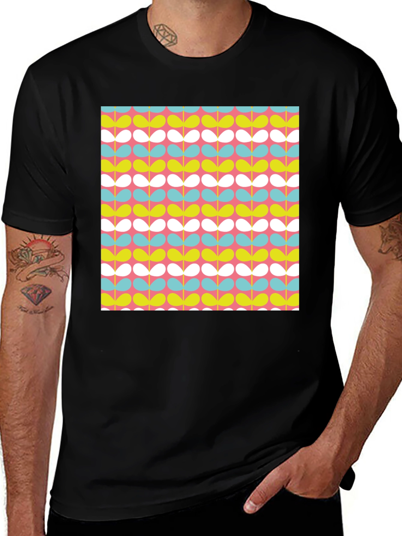 Retro Floral Pattern Black T-Shirt