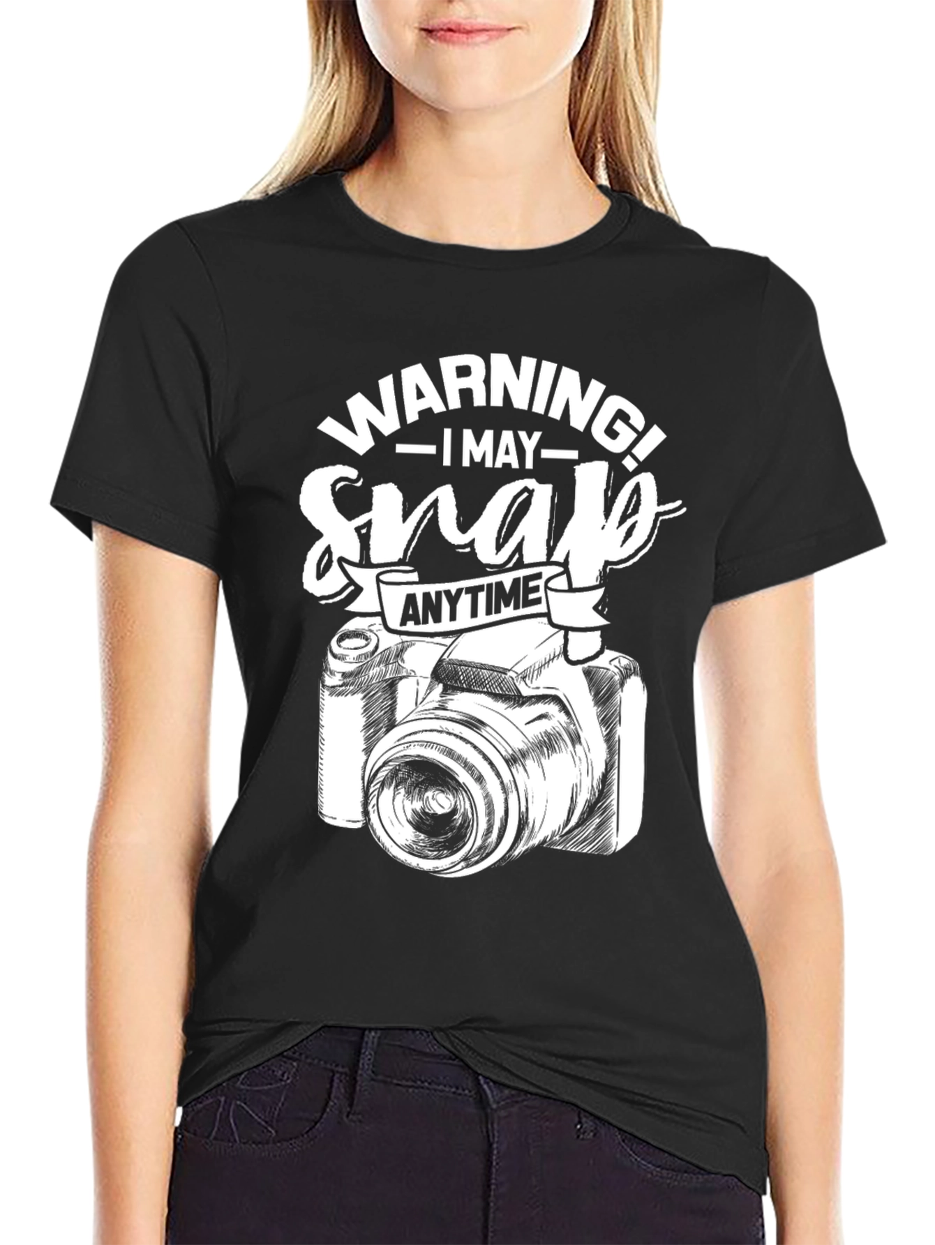 Warning May Snap Anytime Camera Graphic Black T-Shirt