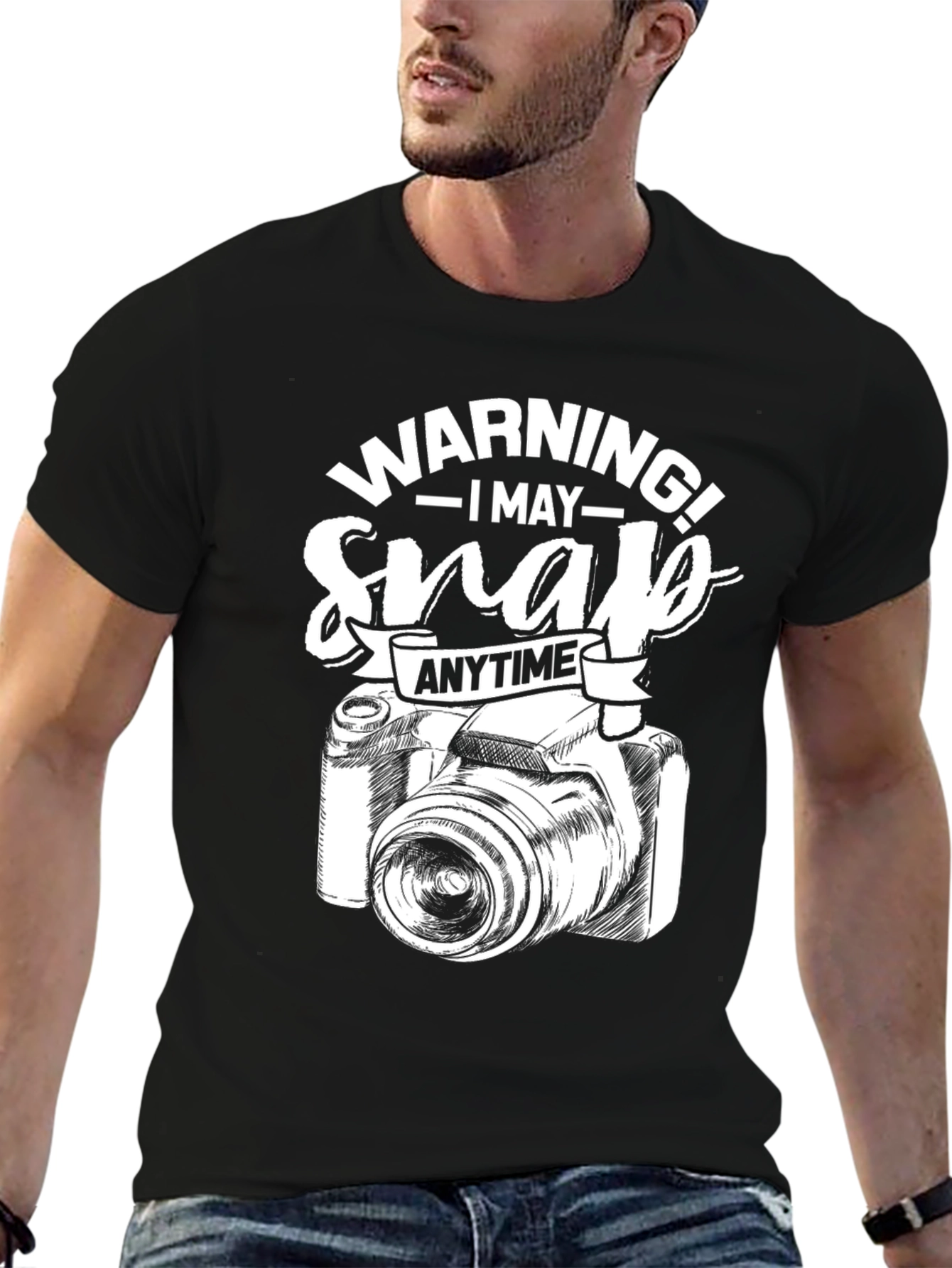 Warning May Snap Anytime Camera Graphic Black T-Shirt