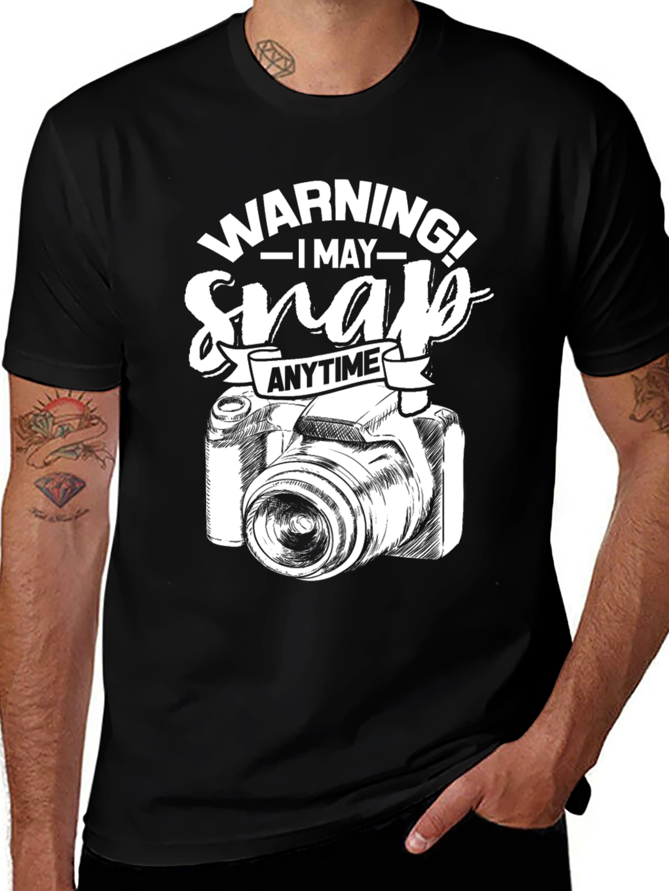 Warning May Snap Anytime Camera Graphic Black T-Shirt