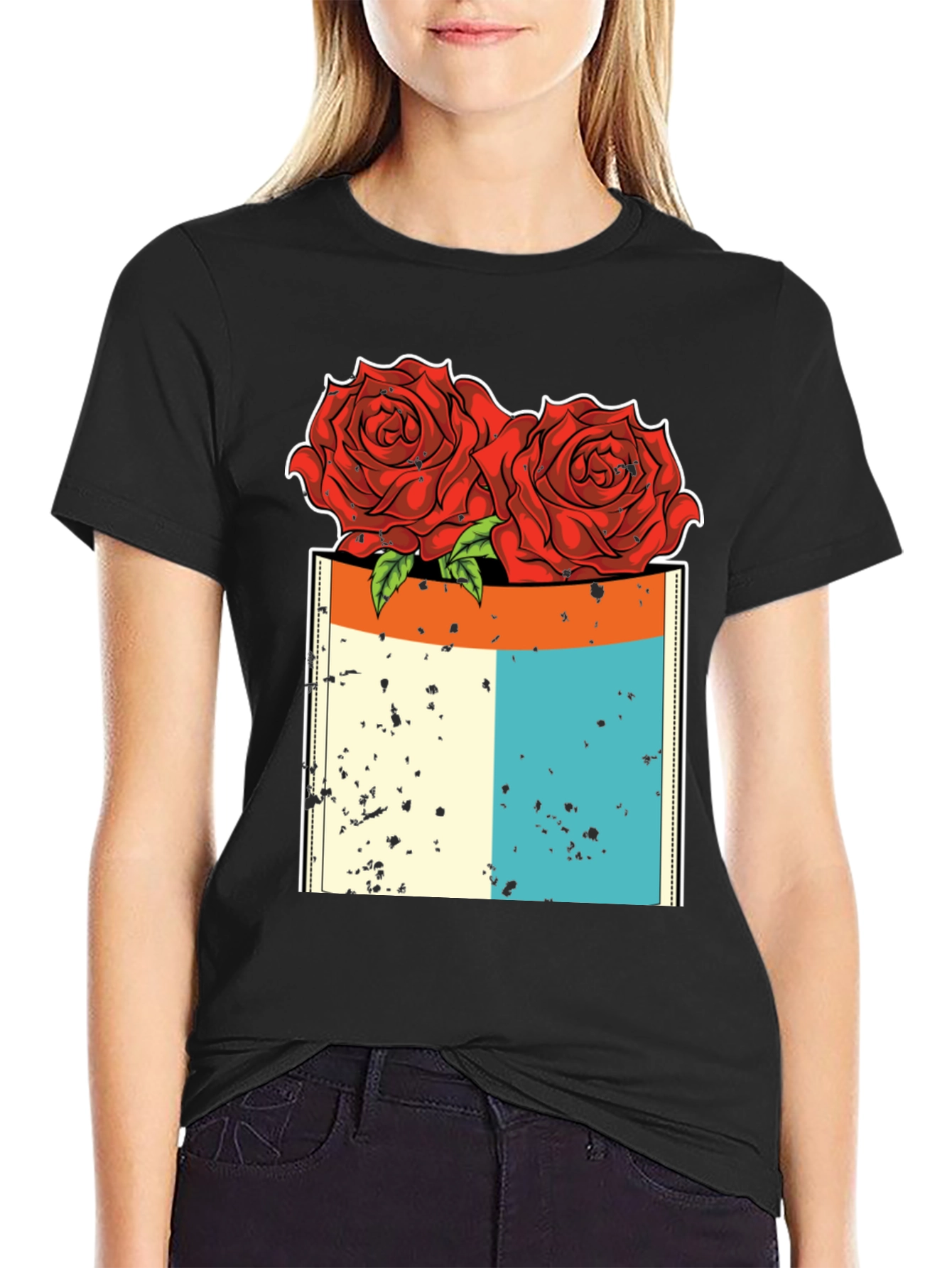 Rose Pocket Graphic T-Shirt - Black