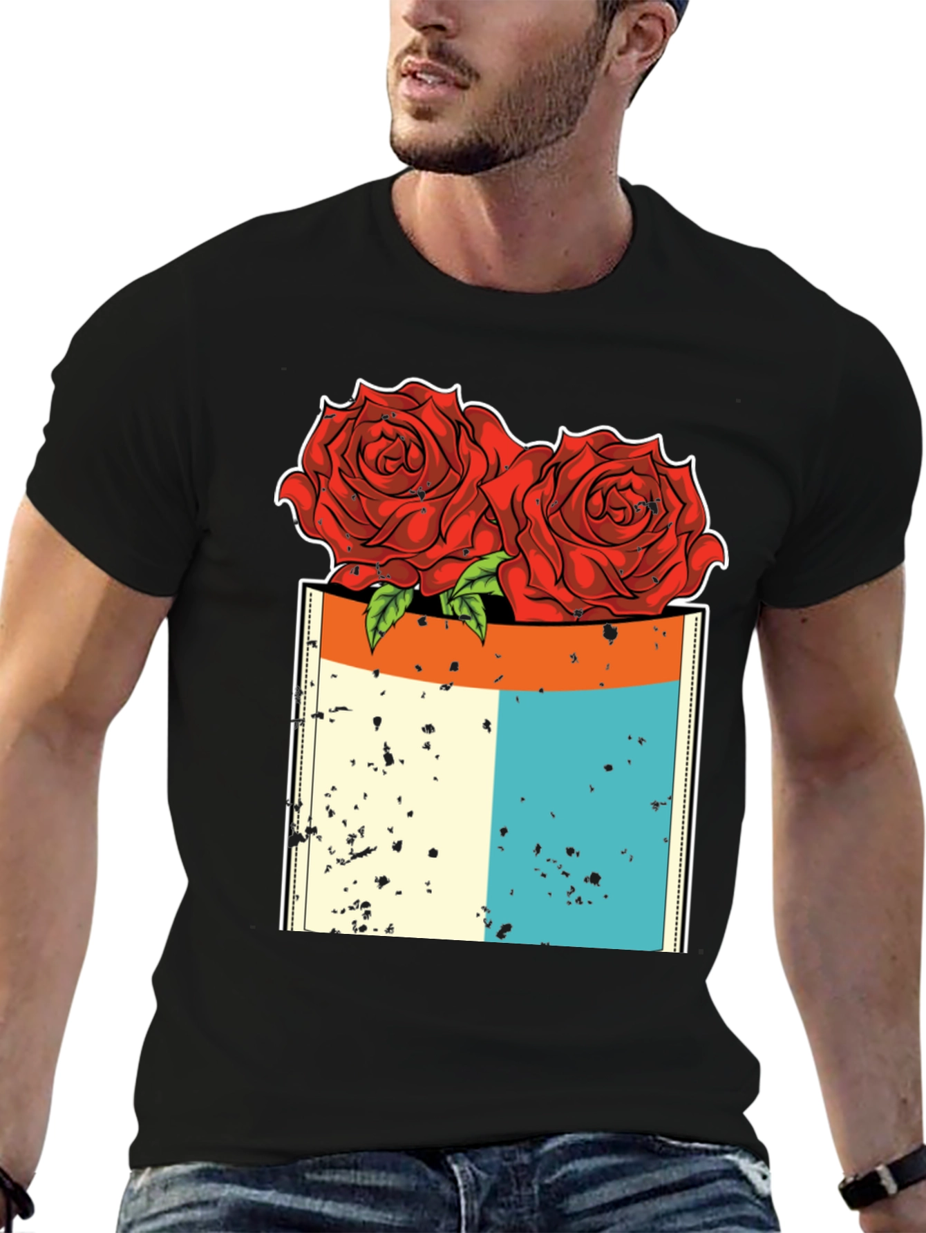 Rose Pocket Graphic T-Shirt - Black