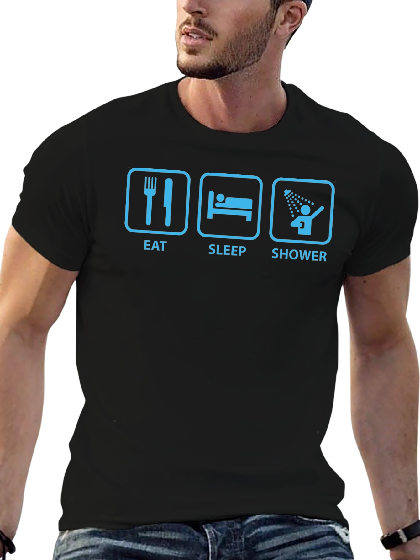 Eat Sleep Shower Black T-Shirt - Funny Routine Tee