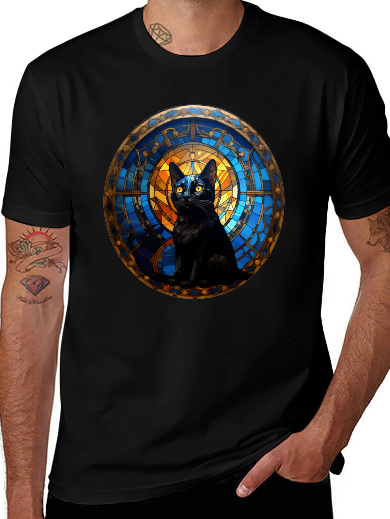 Black Cat Stained Glass Art Graphic T-Shirt
