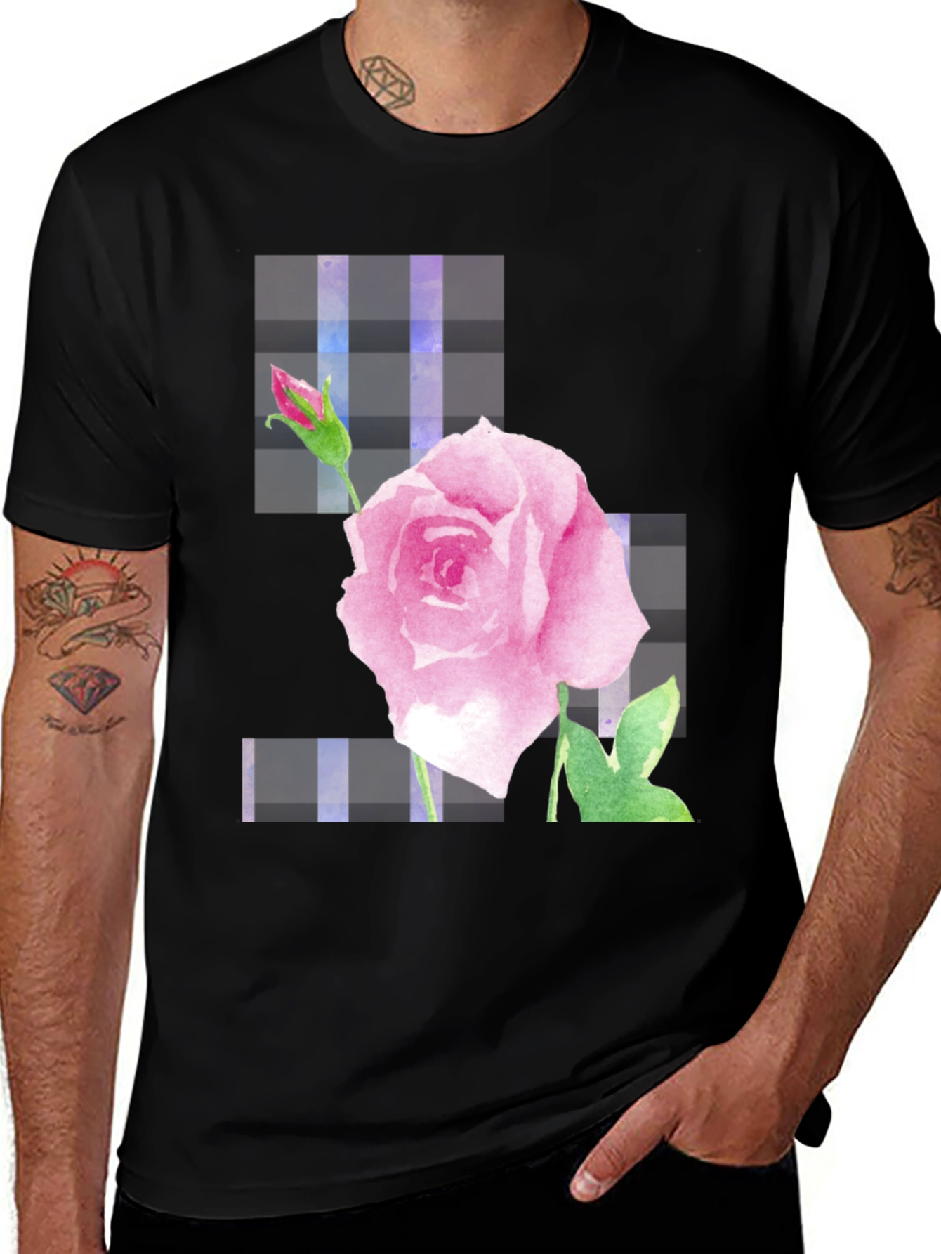 Pink Rose Graphic Black T-Shirt