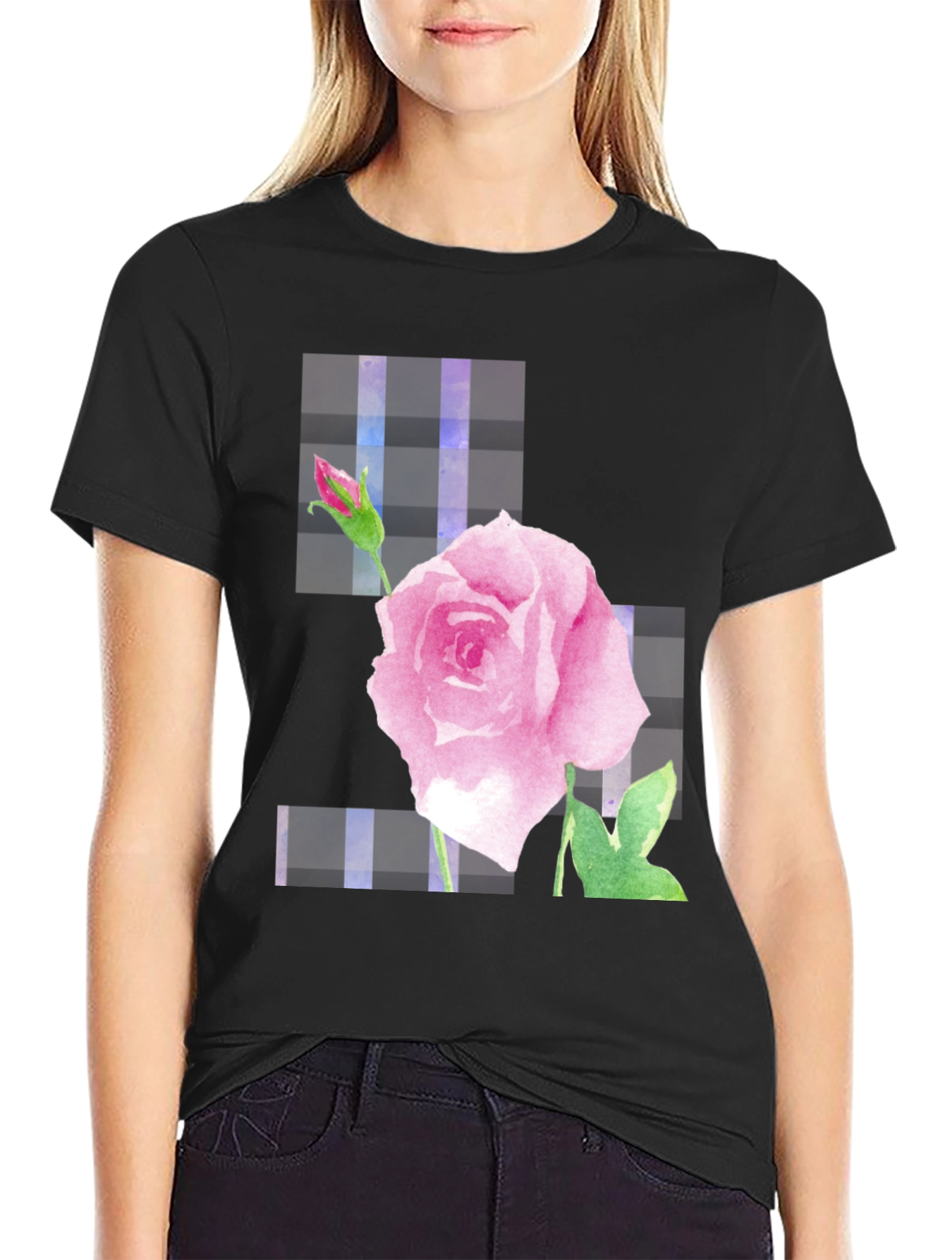 Pink Rose Graphic Black T-Shirt