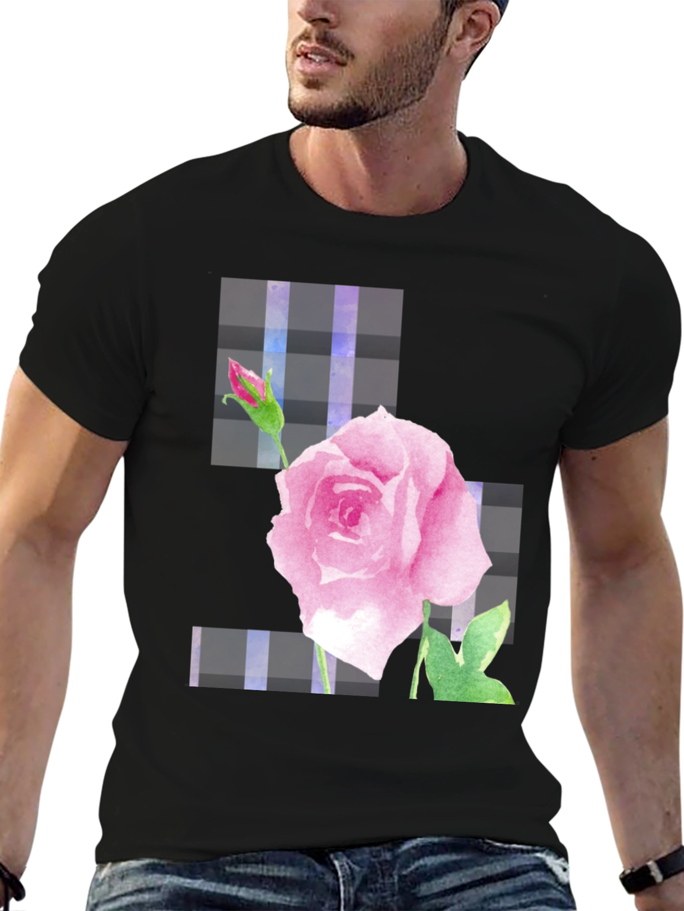 Pink Rose Graphic Black T-Shirt