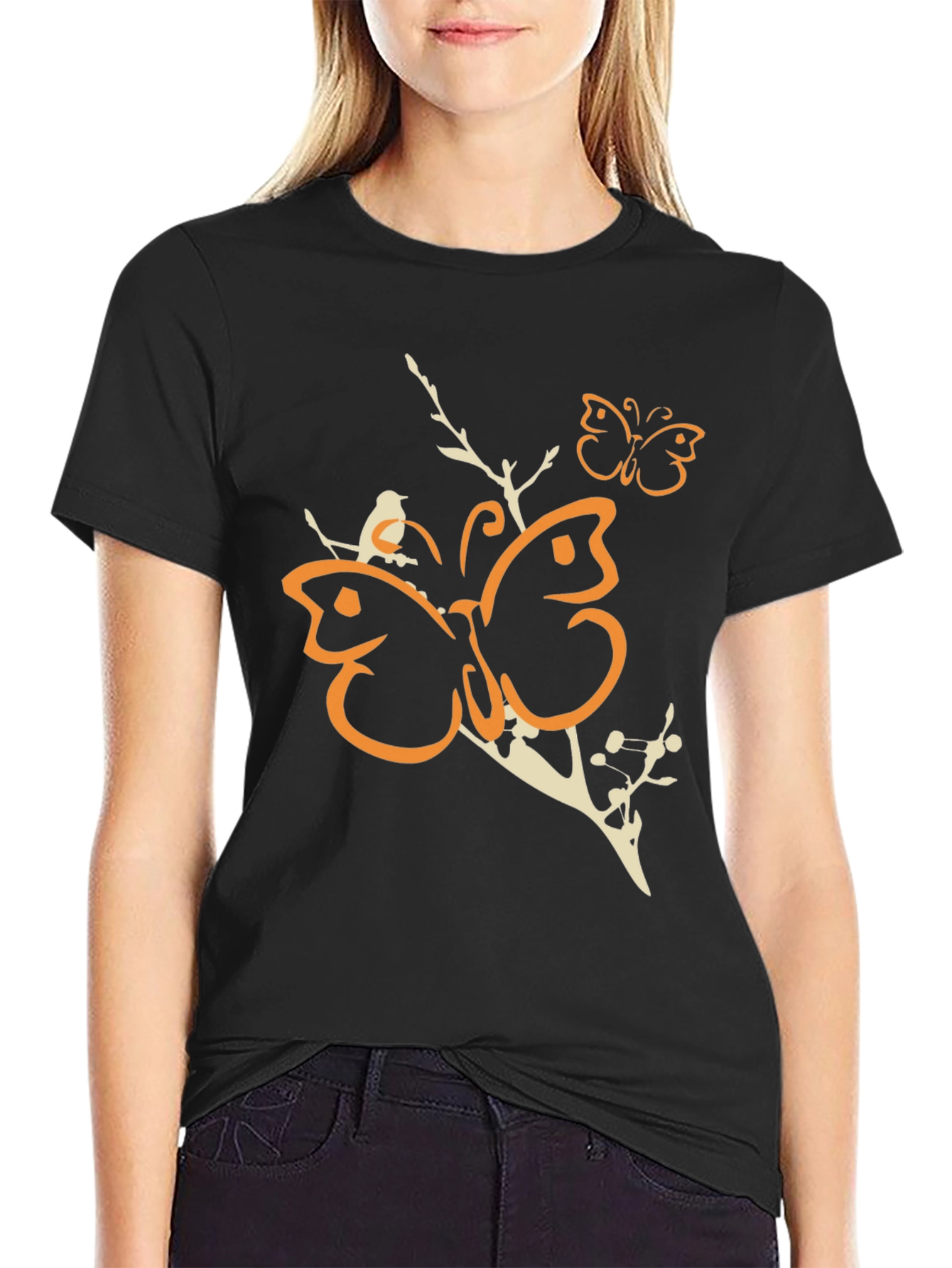 Butterfly and Bird Graphic Tee - Black