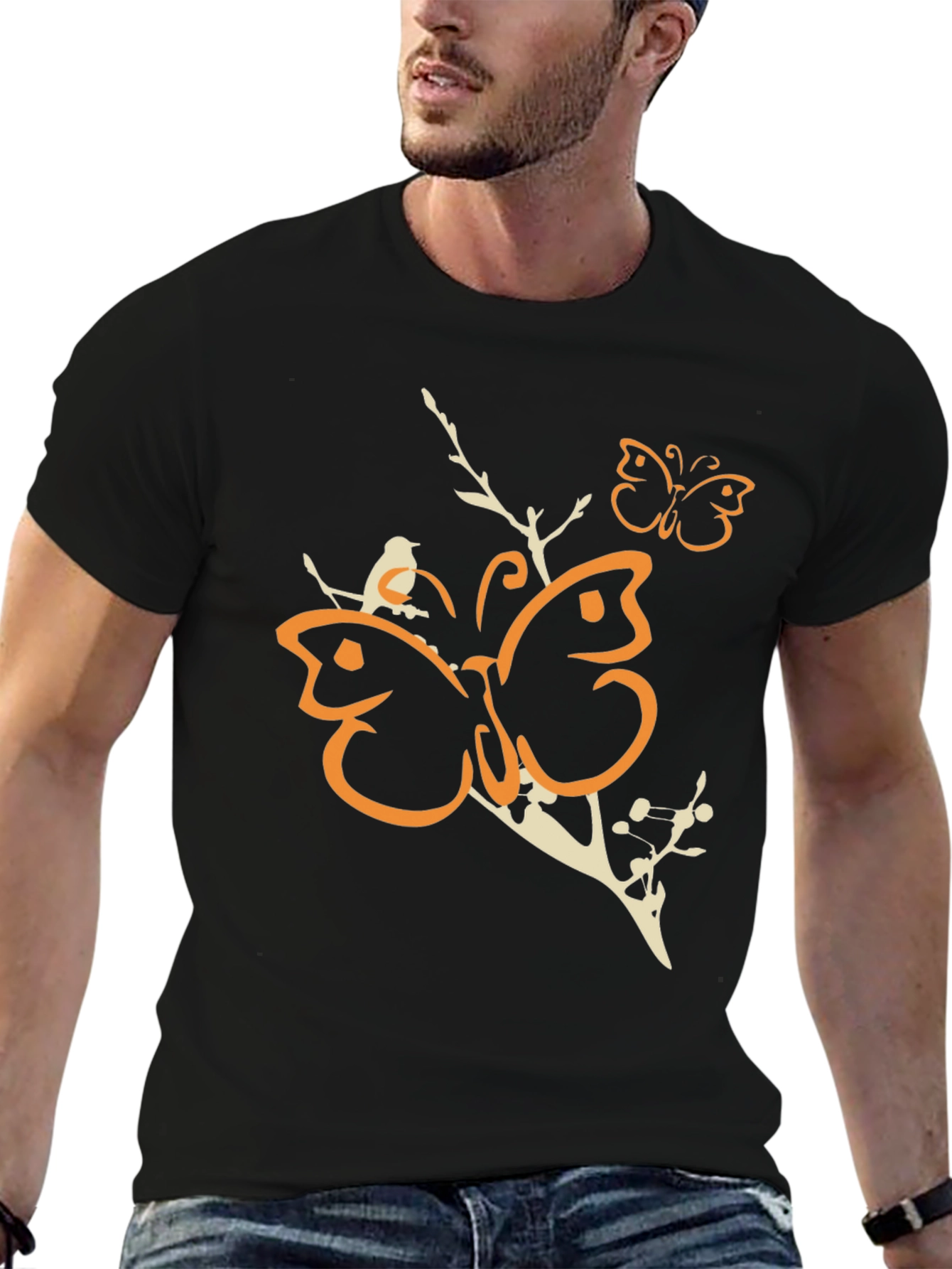 Butterfly and Bird Graphic Tee - Black