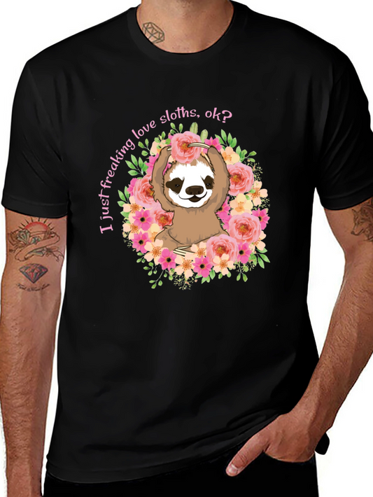 Funny Sloth Floral Graphic T-Shirt - I Love Sloths!