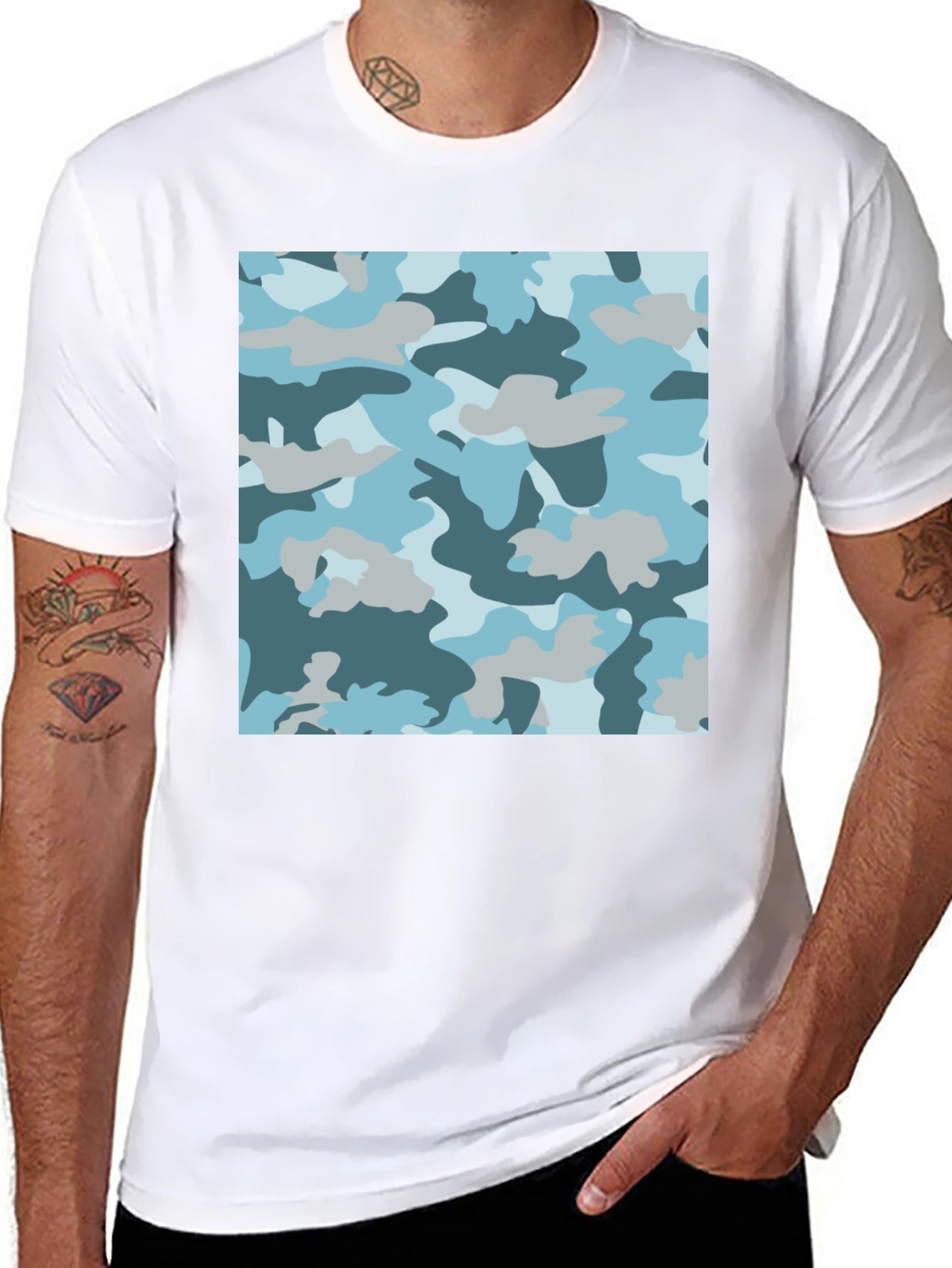 Blue Camo Print Black T-Shirt - Stylish Casual Wear