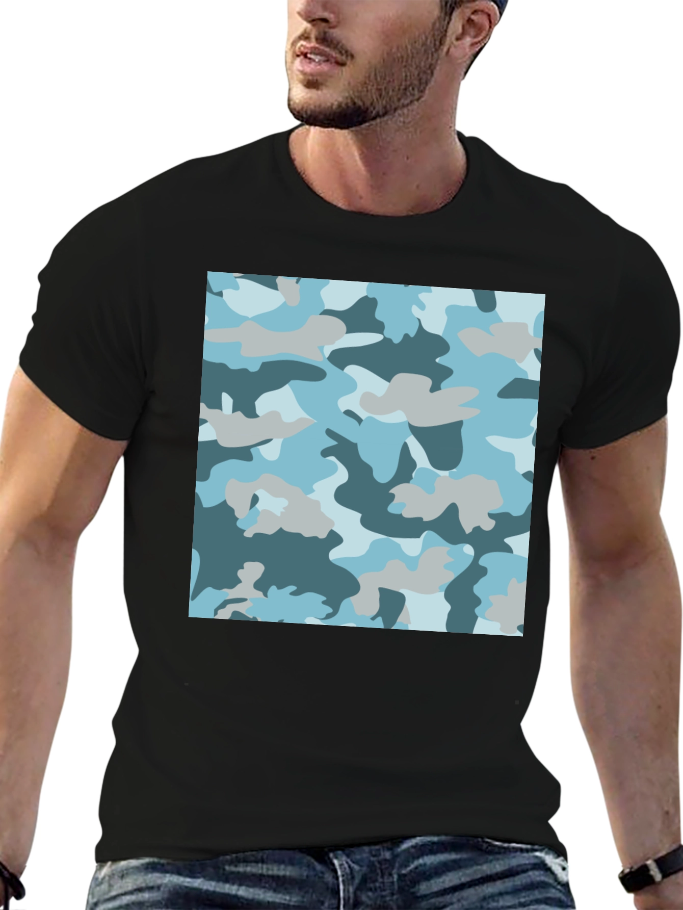 Blue Camo Print Black T-Shirt - Stylish Casual Wear