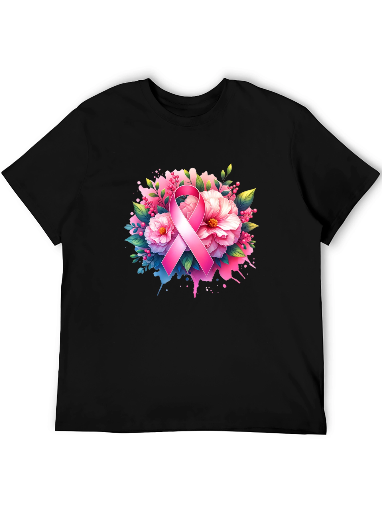 Breast Cancer Awareness T-Shirt Floral Pink Ribbon