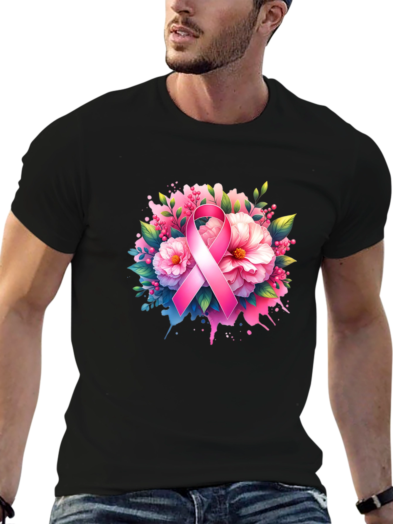 Breast Cancer Awareness T-Shirt Floral Pink Ribbon