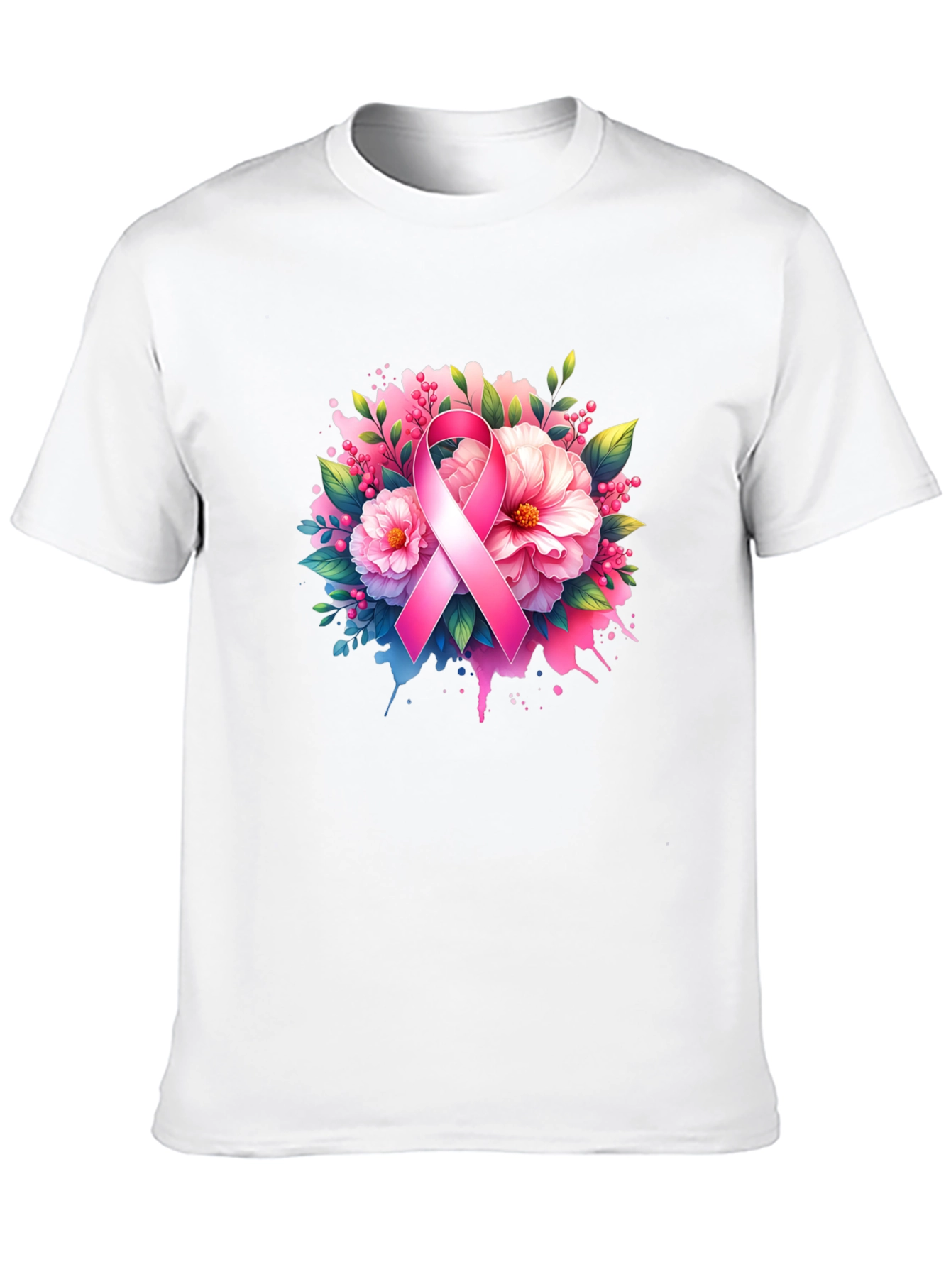 Breast Cancer Awareness T-Shirt Floral Pink Ribbon