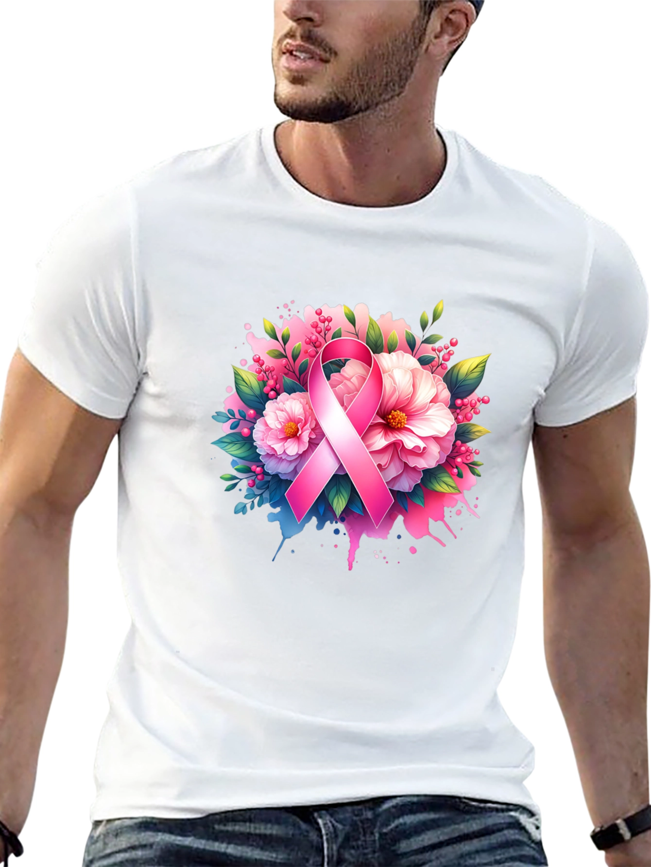 Breast Cancer Awareness T-Shirt Floral Pink Ribbon