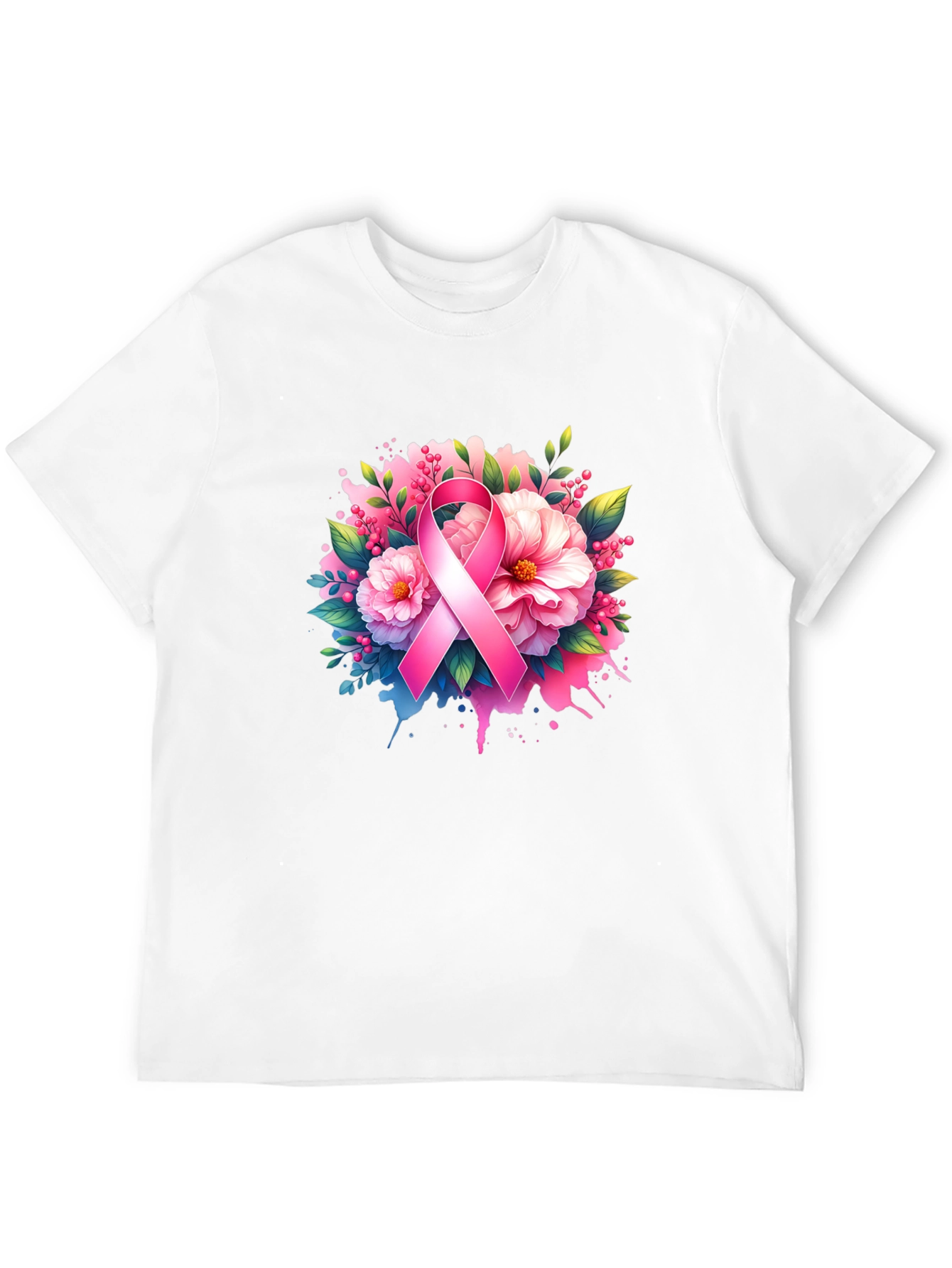 Breast Cancer Awareness T-Shirt Floral Pink Ribbon