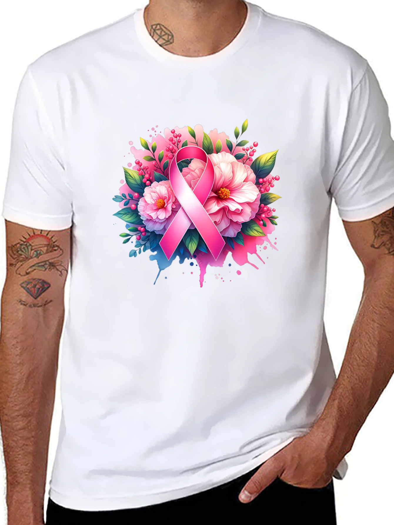 Breast Cancer Awareness T-Shirt Floral Pink Ribbon