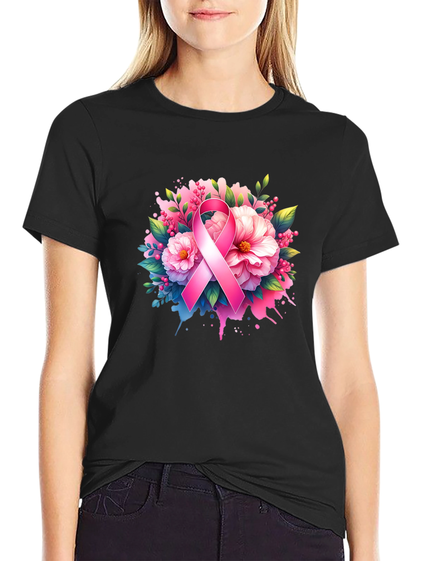 Breast Cancer Awareness T-Shirt Floral Pink Ribbon