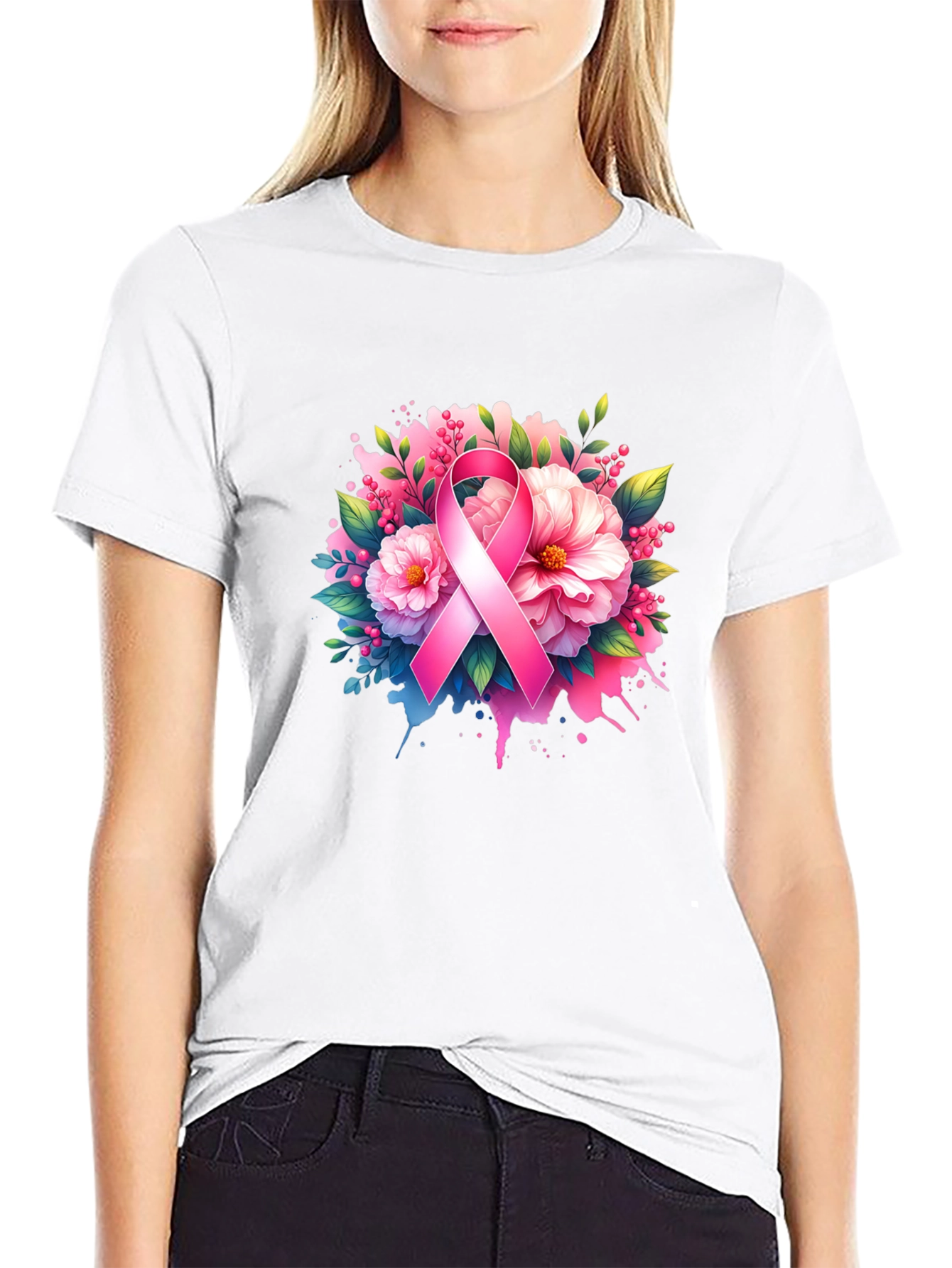 Breast Cancer Awareness T-Shirt Floral Pink Ribbon